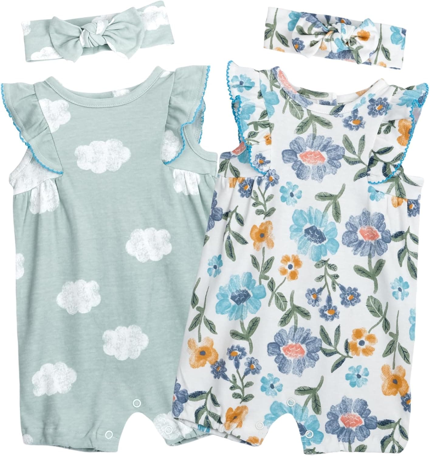 Baby Girls Ruffled Sleeve Rompers Toddler Girls Jumpsuits One-Piece Cotton Outfits