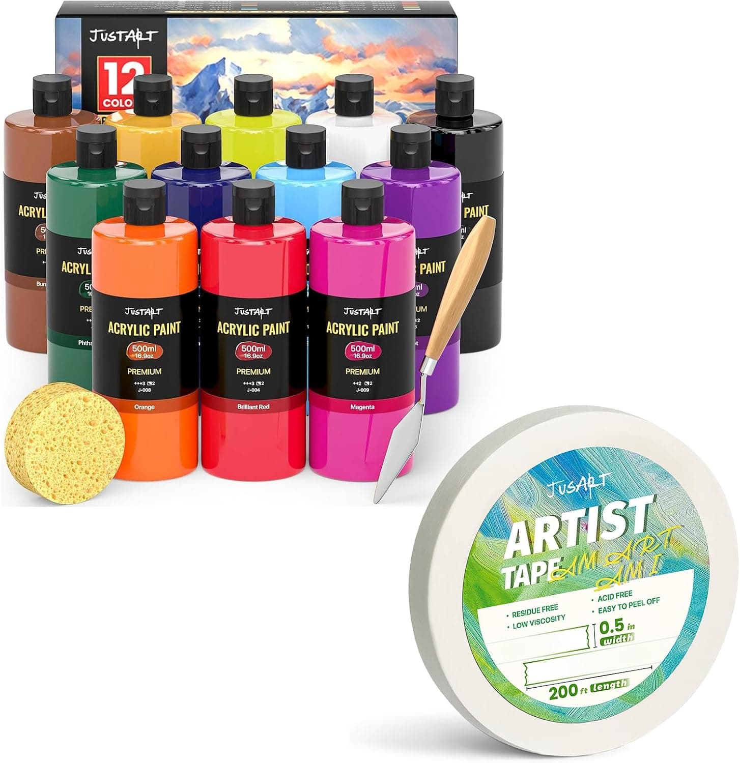 JusArt 12 Colors Acrylic Paint Set+ 0.5 Inch Wide Artist Tape