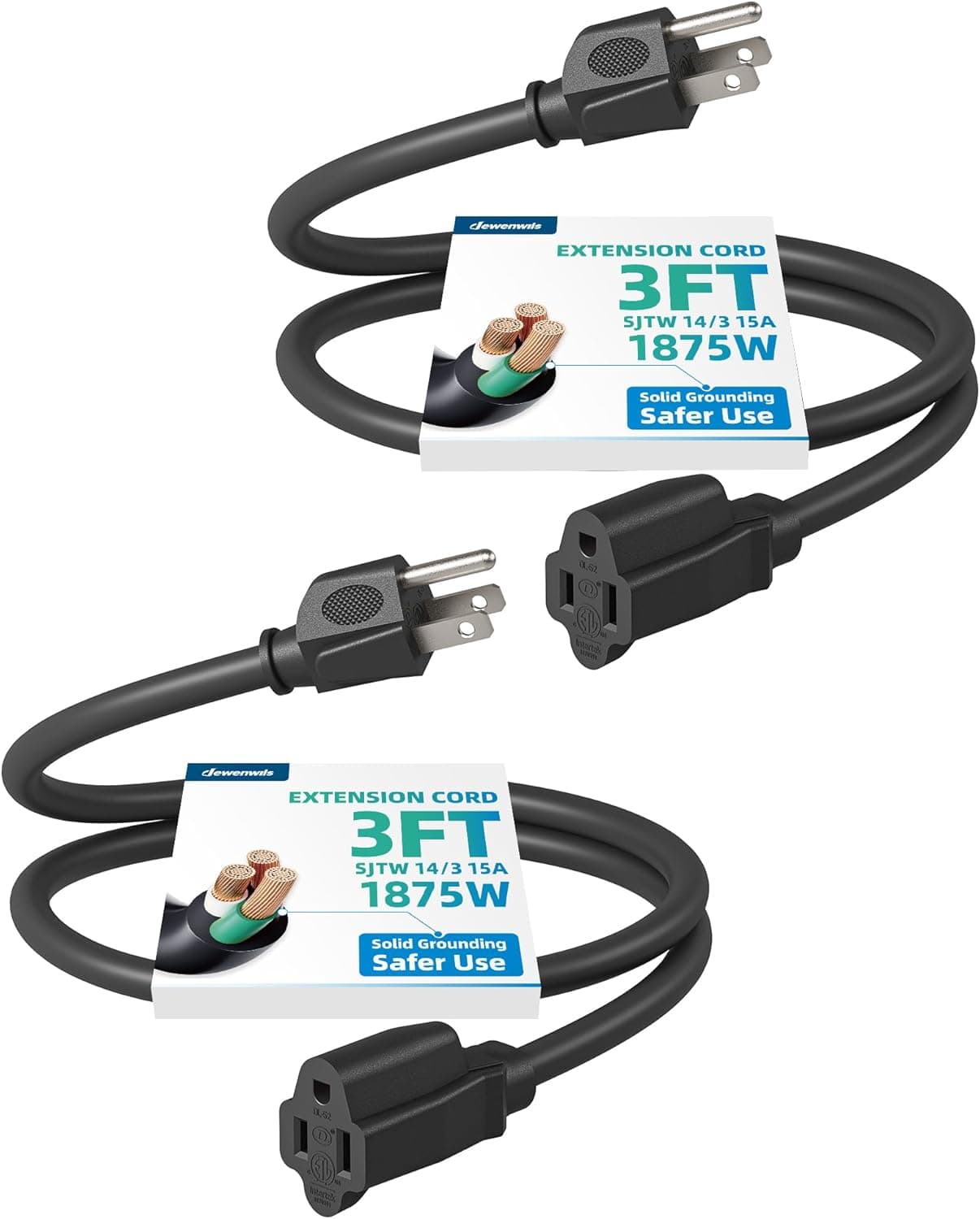 DEWENWILS Extension Cord 3ft, 14/3 SJTW Weatherproof Power Cable for Indoor Use, 3 Prong Heavy Duty Power Cord, NEMA 5-15P to NEMA 5-15R, Black, ETL Listed, 2 Pack