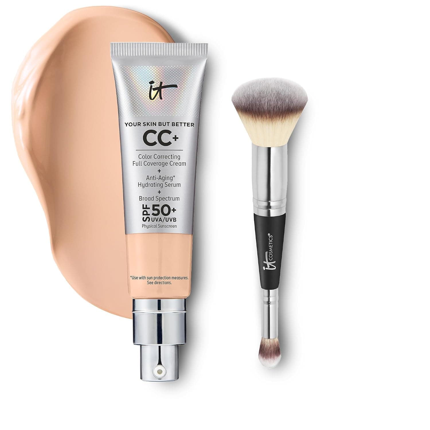 IT Cosmetics CC+ Cream with SPF 50+ Natural Finish Full Coverage Foundation (Light Neutral - 1.08 fl oz) & 2-in-1 Concealer and Foundation Brush #7 for Buffing and Blending Face Makeup