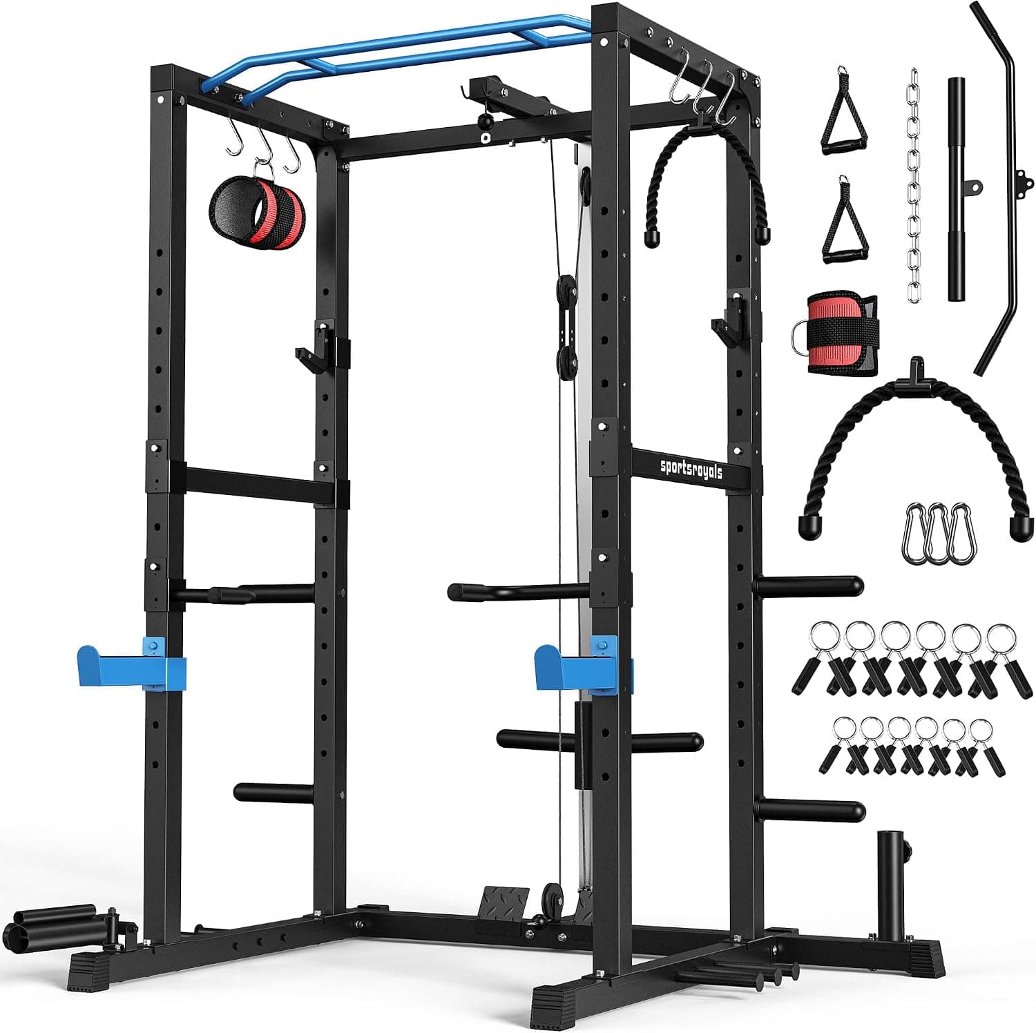 Sportsroyals Power Rack, Multi-Functional Power Cage with LAT Pulldown Pulley System, Squat Rack with More Training Attachments for Home Gym (Blue),1200 lbs Weight Capacity
