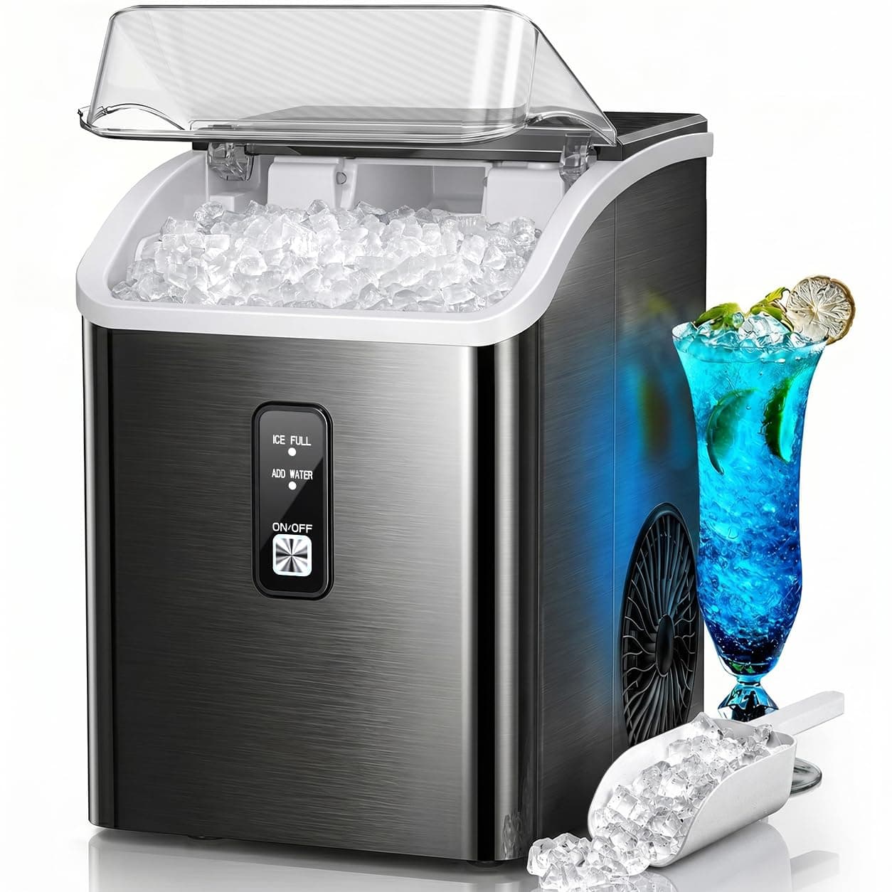 Kismile Nugget Ice Maker Countertop, 35 lbs Per Day, Chewable Pebble Ice, Self-Cleaning, One-Touch Operation, Portable Ice Machine with Ice Basket & Scoop, for Home, Kitchen, Office & Outdoor, Black