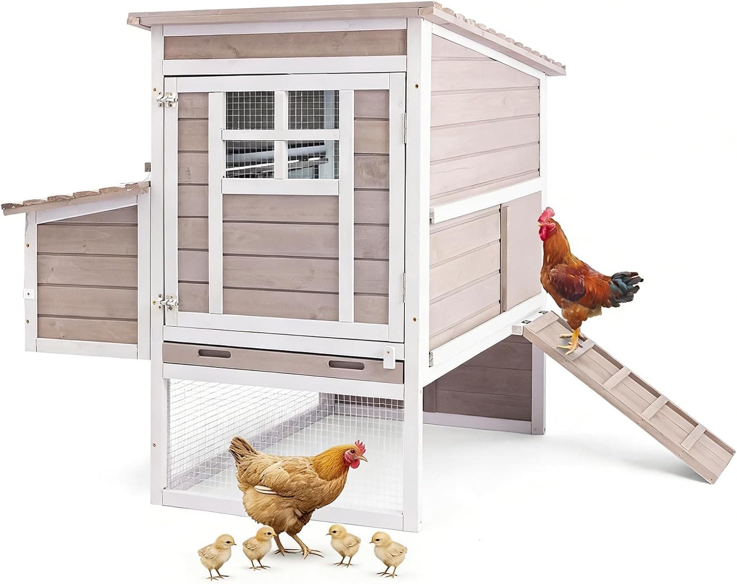 PetsCosset 39.13" L Chicken Coop for Outdoor,2-Story Poultry Cage with Nesting Box,Fir Wood Hen House with Pull-Out Tray for 1-3 Chicken,Slanted Wooden Roof,Suitable for Backyard,Park,Garden,Grey