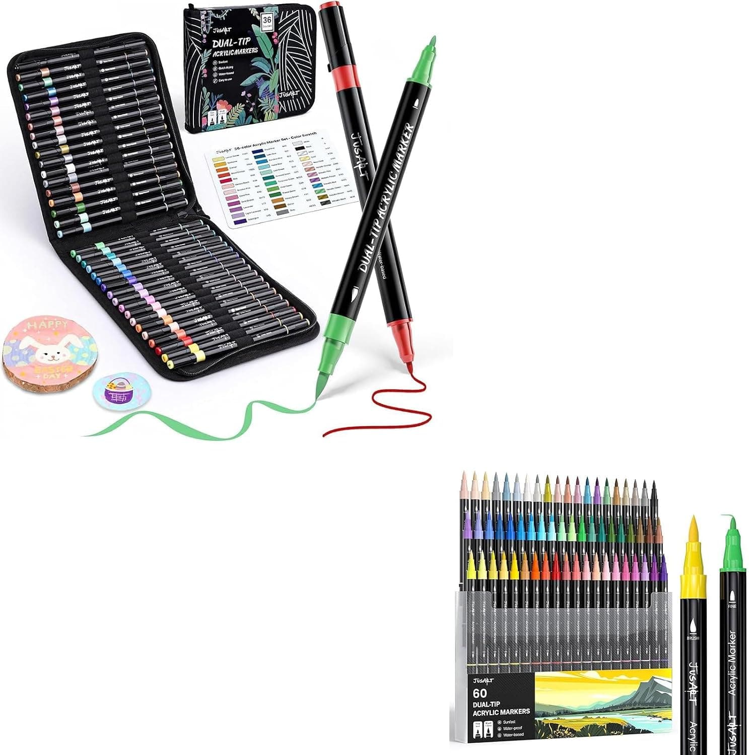 JusArt 36 Colors Acrylic Paint Markers, + 60 Colors Acrylic Paint Pens Markers