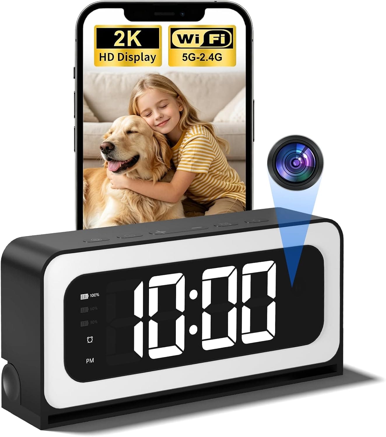 Gyliziex 2K Smart Clock Camera, 5G & 2.4G WiFi Security Camera for Home with Alarm, Full Color Mode, Motion Alert, Local Storage