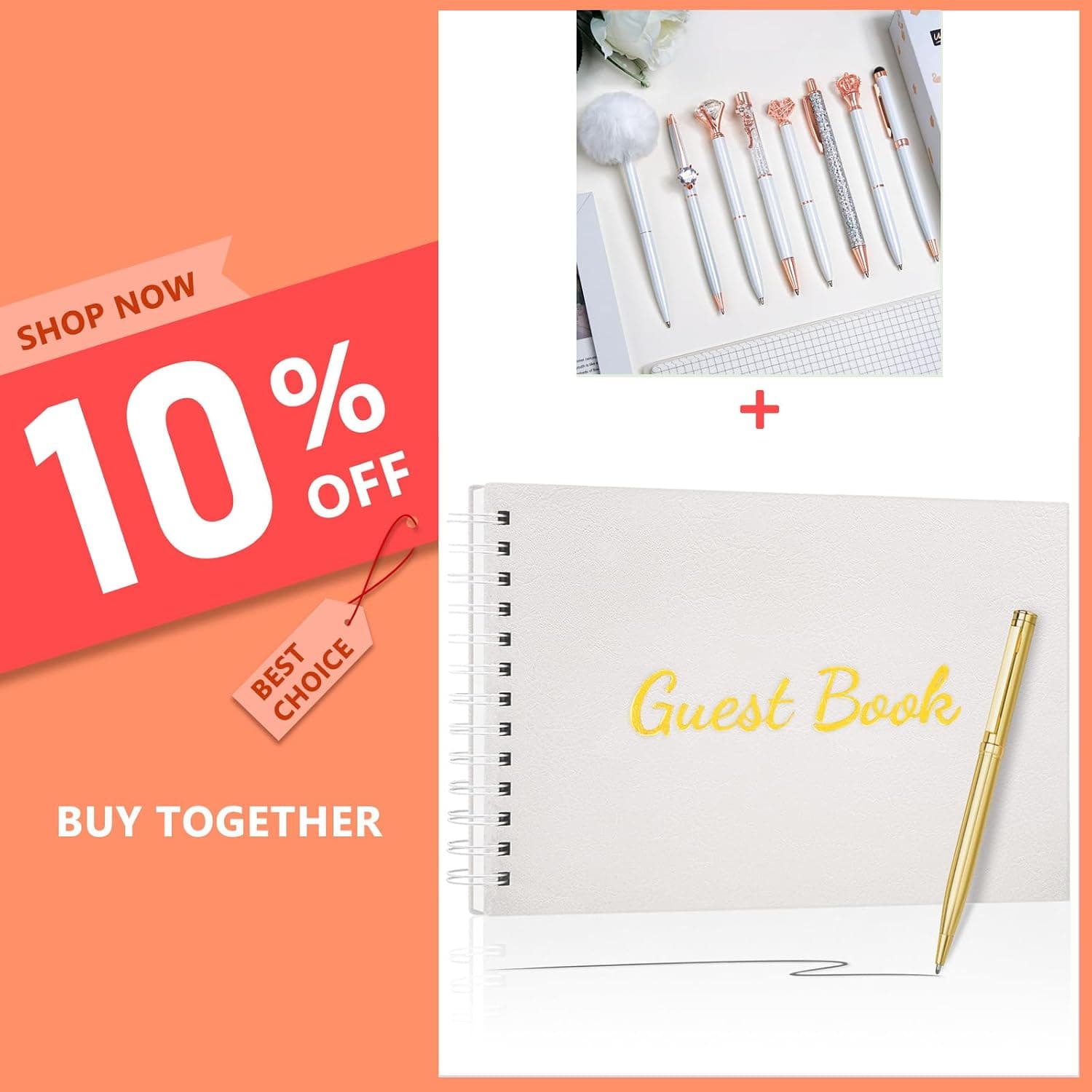 WEMATE 8PCS White Ballpoint Pens Set + Guest Book for Wedding