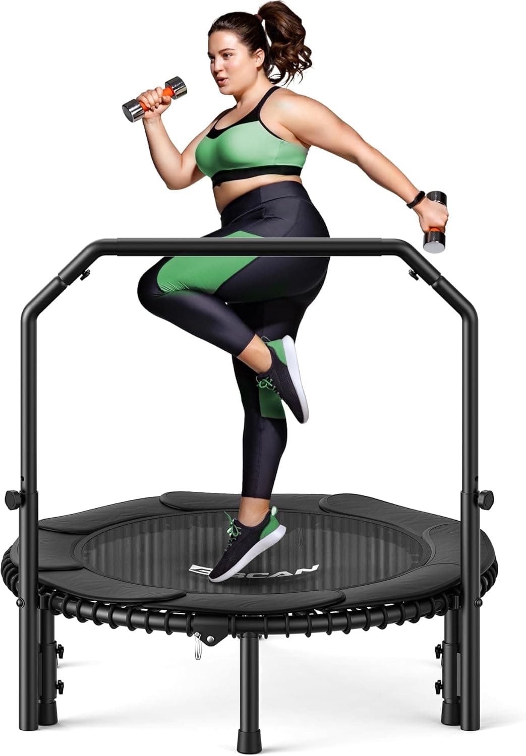 BCAN BT2 450/550LBS Mini Rebounder Trampoline for Adults with Bar, Fitness Trampoline with Bungees, Adjustable Handle, Stable & Quiet, Indoor Outdoor, Whole-Body Workout - 40IN/48IN | FED Fitness