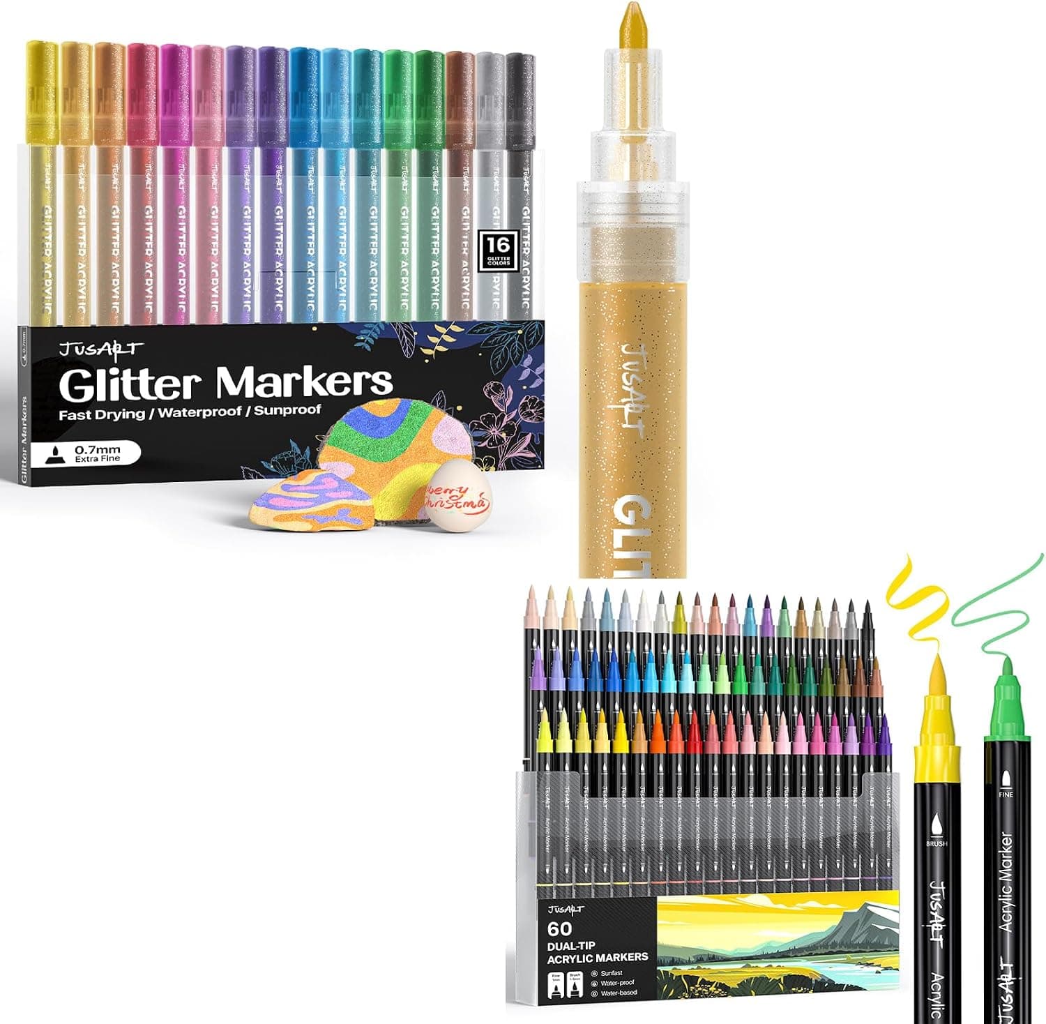JusArt 16 Colors Acrylic Glitter Markers + 60 Colors Acrylic Paint Markers