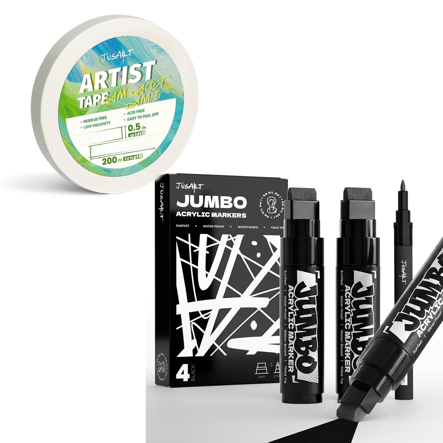 JusArt 1/2 inch Wide 200FT Long Artist Tape 4 Pcs Black Jumbo Poster Marker Set, 15mm and 0.7mm Fine Tip