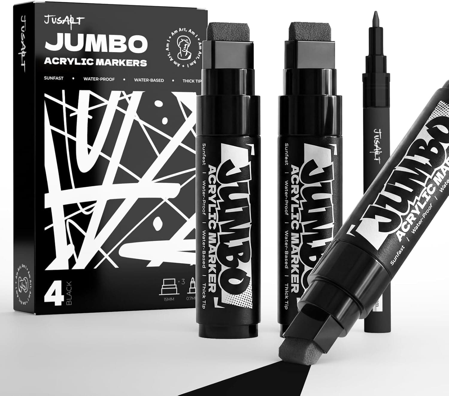 JusArt 4 Pcs Black Jumbo Poster Marker Set, 15mm Wide Tip and 0.7mm Fine Tip, Acrylic Paint Markers for Rock, Fabric, Glass, Metal, Wood
