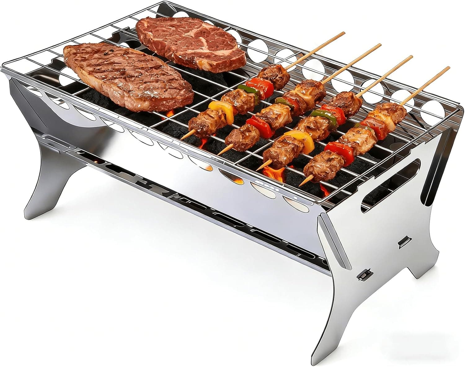 Portable Charcoal Grill, Stainless Steel BBQ Grill – 9x10x17 inch Folding Firepit Grill for Camping, Backyard, Picnic & Outdoor Cooking