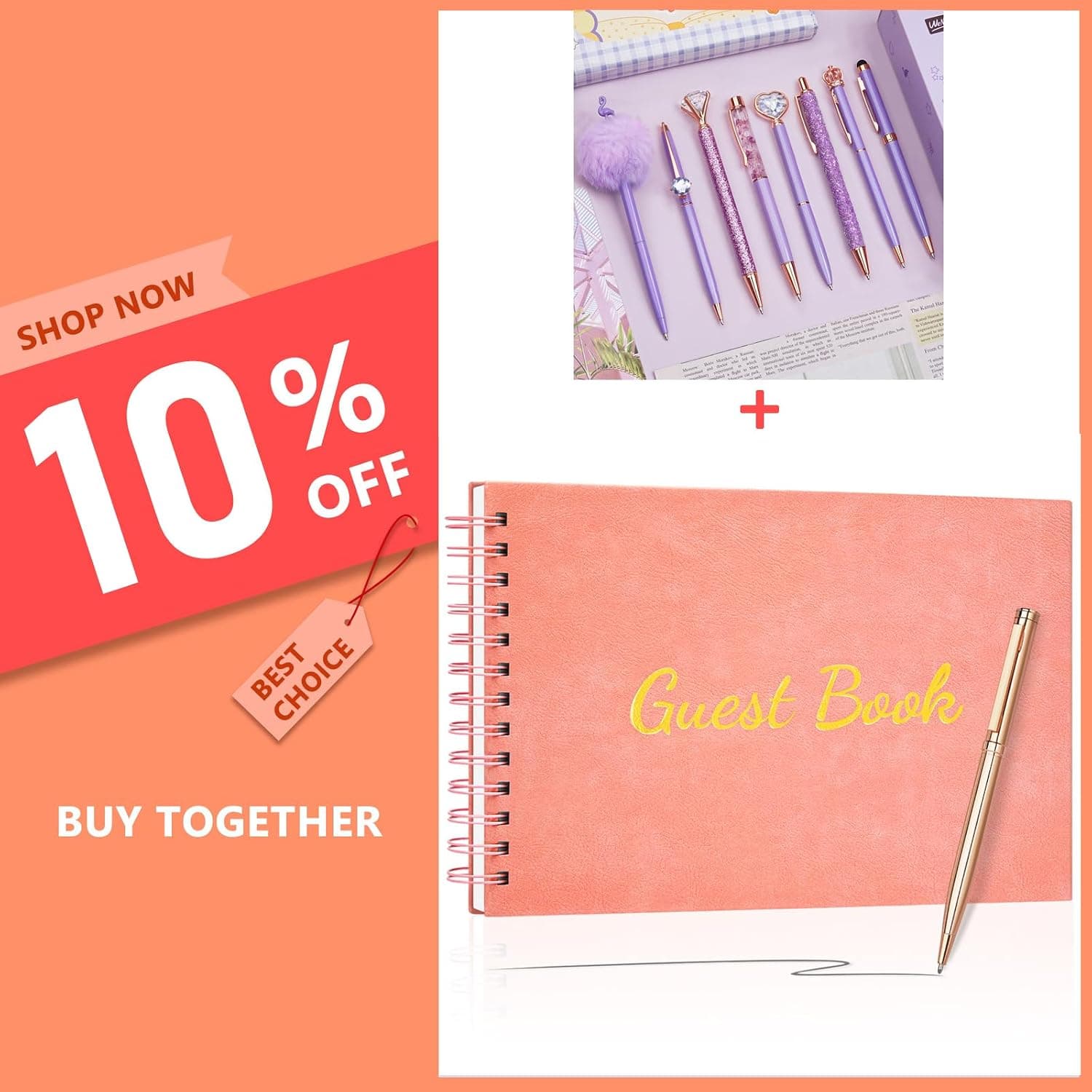 WEMATE 8Pcs Ballpoint Pens Set Purple Pens Set + Birthday,Baby Shower, Sign-in Book with 136 Pages for Reception Pink 7" x10″