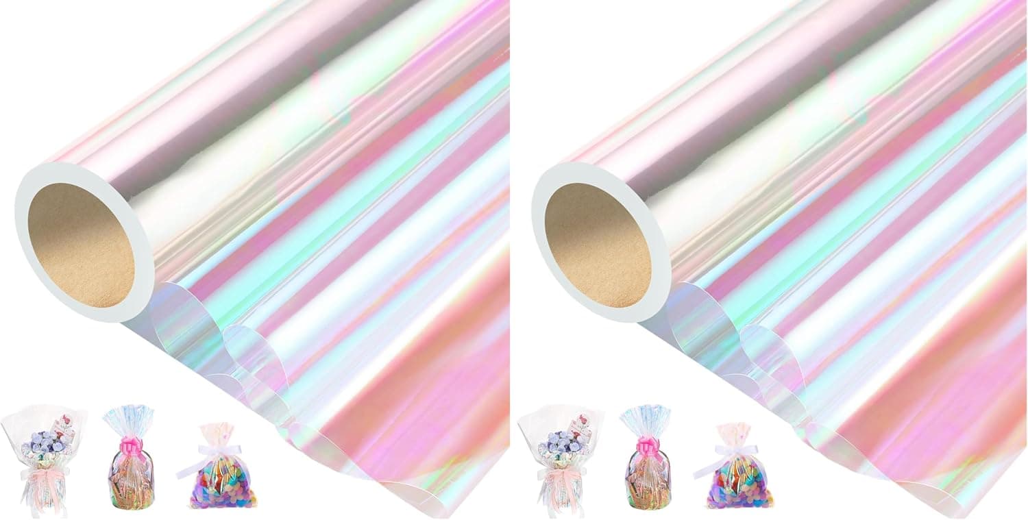 woric Cellophane Wrap for Gift Baskets 32 In X 66 Ft Iridescent Cellophane Wrap Roll Gift Basket Wrapping Plastic for Valentine's Day Treats Wedding Party favor Birthday Crafts (Pack of 2)