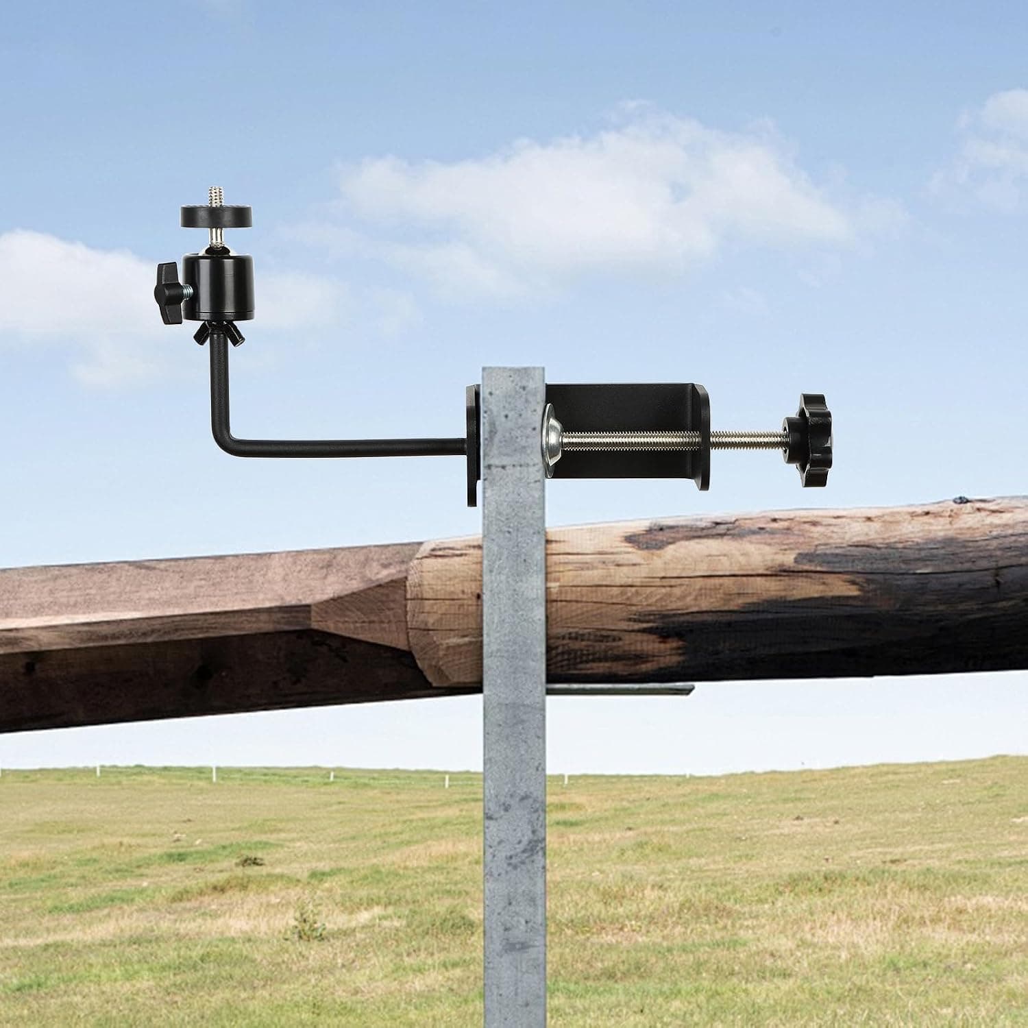 Adjustable T-Post Mount for Trail Cameras (1-4 inch Diameter), 1/4"-20 Threaded Head, Heavy Duty Black Steel Clamp Holder with Anti-Slip Pad for Wildlife Camera, Solar Panel, Security Light