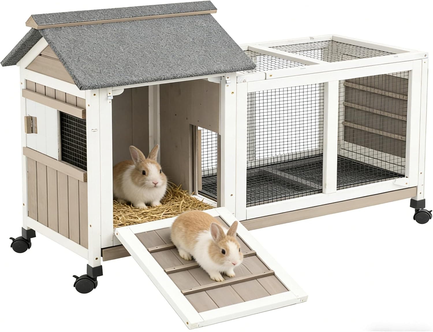 Rabbit Hutch Indoor and Outdoor 2-Story Rabbit Cage with Pull Out Tray,Fir Wood Pet House with Wooden Ramp,Waterproof Bunny Cage Indoor with 2 Asphalt Roofs,Grey (17.5" L x 38" W x 29.5" H-Small)