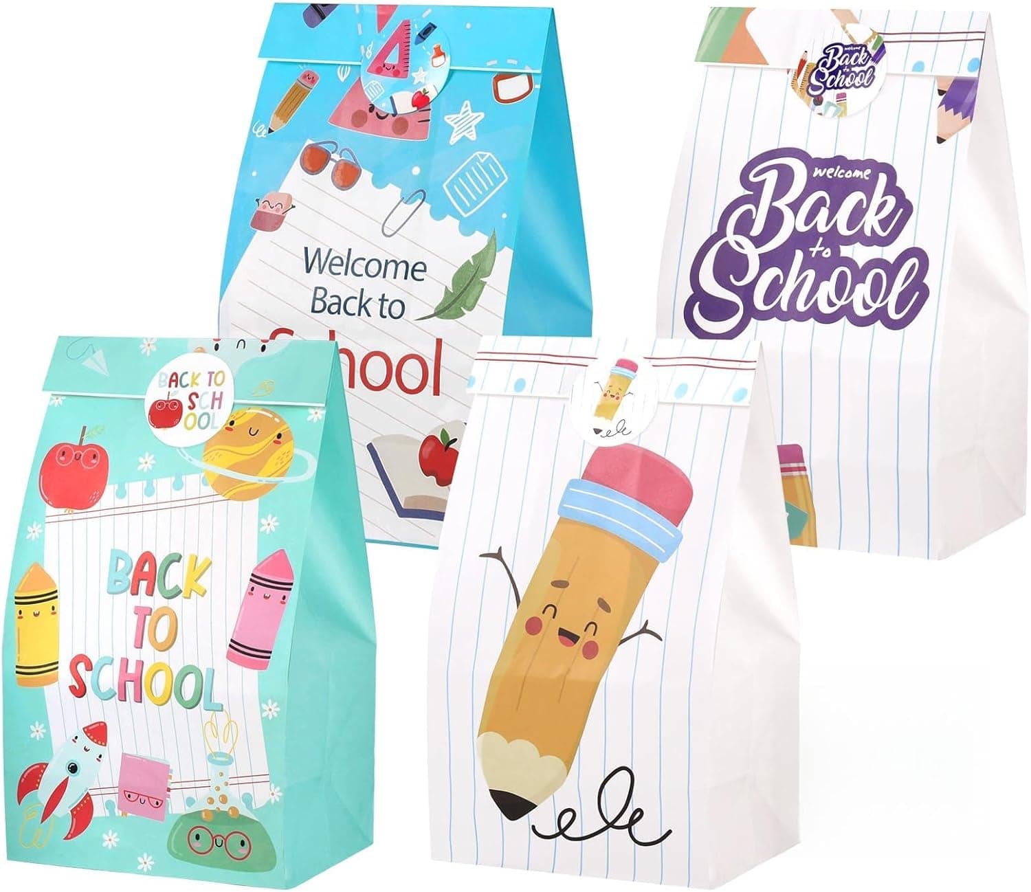 woric 36-Pack 9.4-Inch Back to School Gift Bags, Colorful Stationery Theme Flat Paper Goodie Bags Bulk for First Day of School Party Decorations Teacher Appreciation Gift Wrap
