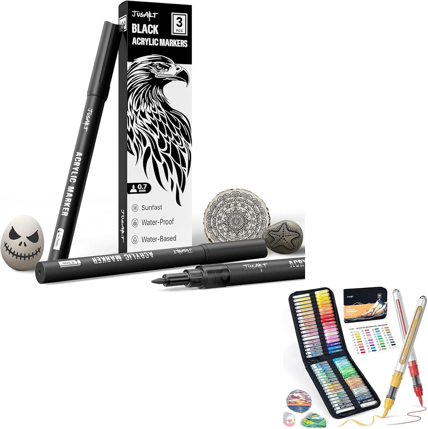 JusArt 3 Pack Black Acrylic Paint Markers 36 Colors Acrylic Paint Markers