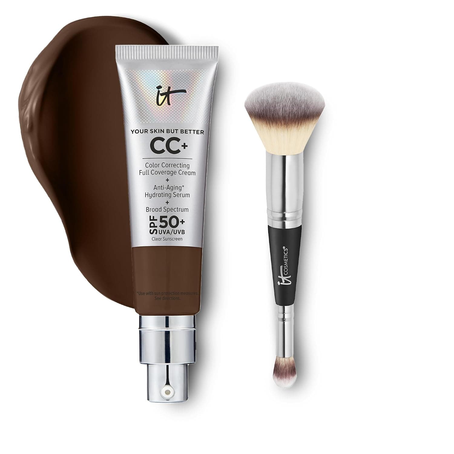 IT Cosmetics CC+ Cream with SPF 50+ Natural Finish Full Coverage Foundation (Deep Cool - 1.08 fl oz) & 2-in-1 Concealer and Foundation Brush #7 for Buffing and Blending Face Makeup