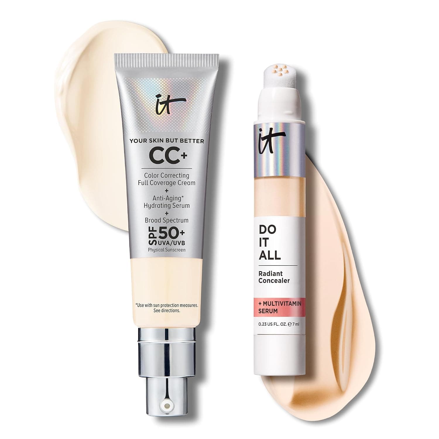 IT Cosmetics CC+ Cream with SPF 50+ Natural Finish Full Coverage Foundation (Fair Ivory - 1.08 fl oz) & Do It All Radiant Concealer Multivitamin Serum Makeup (105 Fairest Warm - 0.2 fl oz)