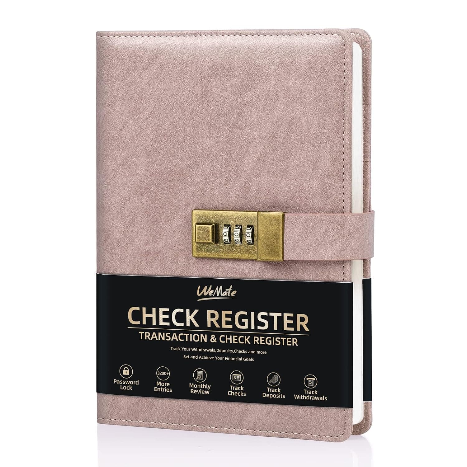 WEMATE Hardcover Check Registers, Personal Checkbook Register or Small Business, Checking Register Book with Password Lock-Pink