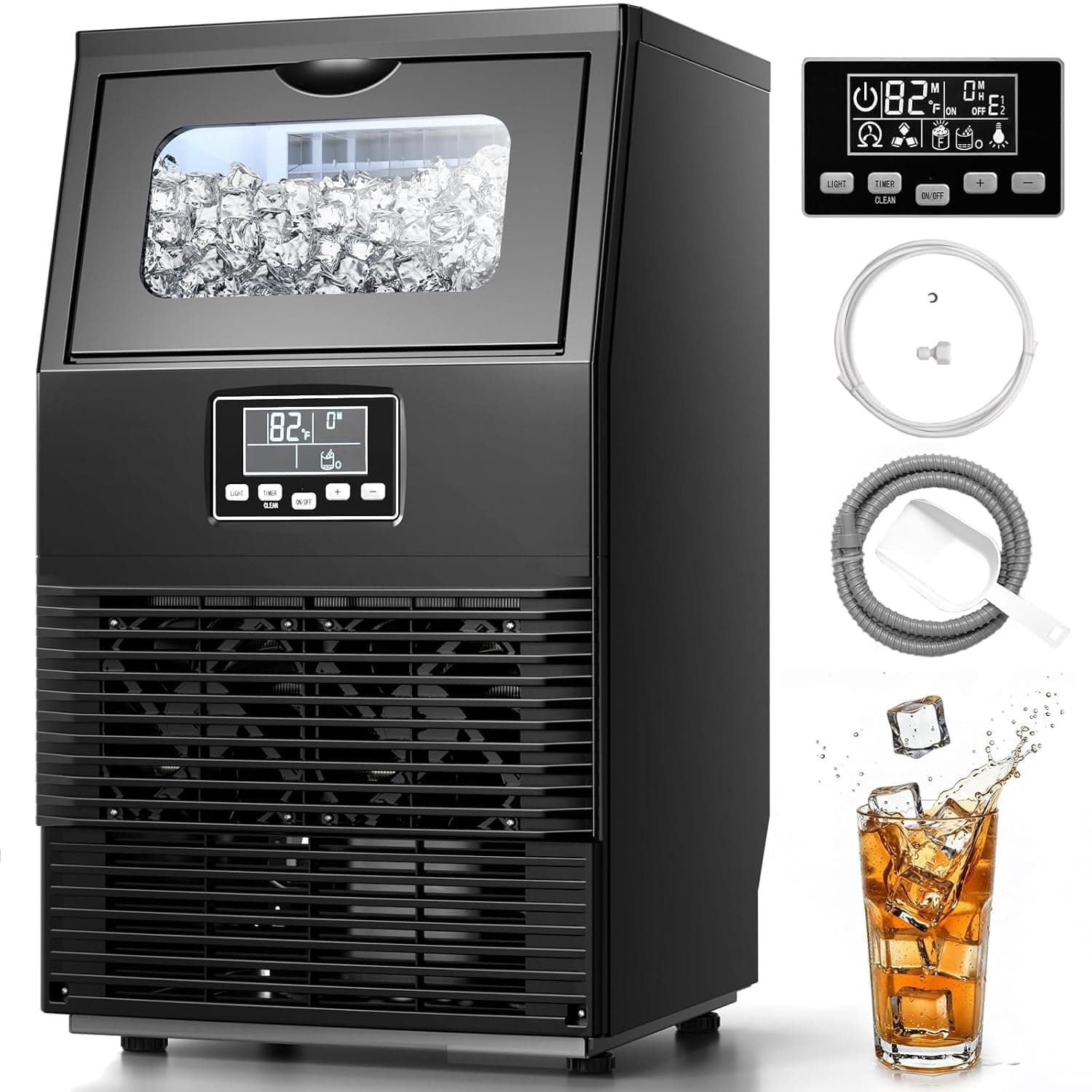 Kismile Commercial Ice Maker Machine, 66LBS/24H, 24H Timer, LCD Panel, Self-Cleaning, Stainless Steel,Under Counter Ice Cube Maker for Home Bar, Include Scoop & Connection Hose
