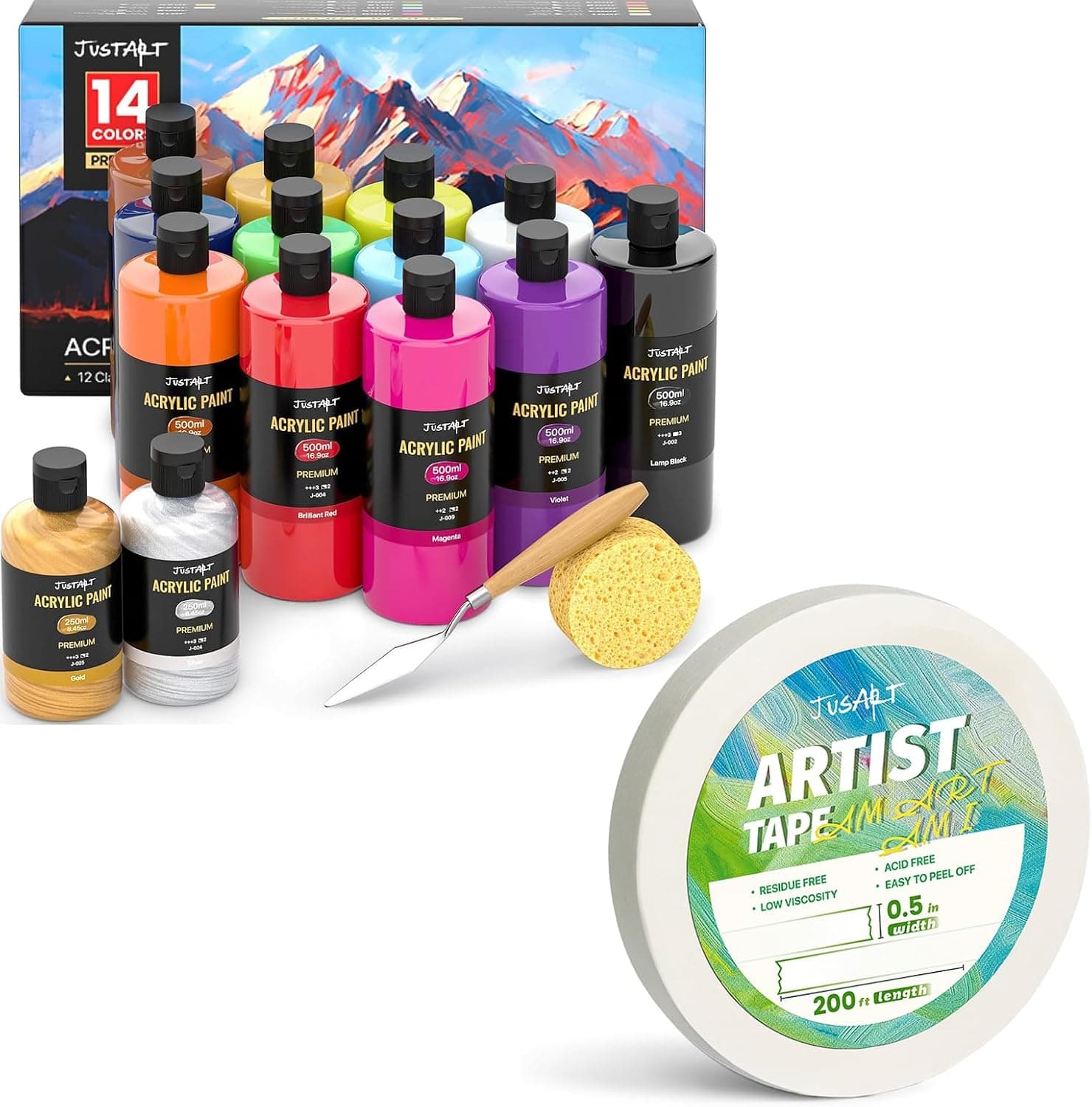 JusArt 14 Colors Acrylic Paint Set+ 0.5 Inch Wide Artist Tape