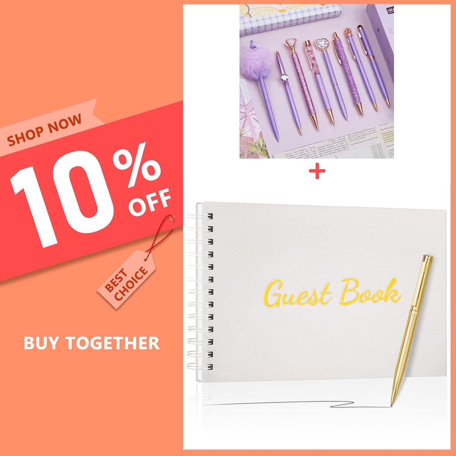 WEMATE 8Pcs Ballpoint Pens Set Purple Pens Set + Guest Book for Wedding