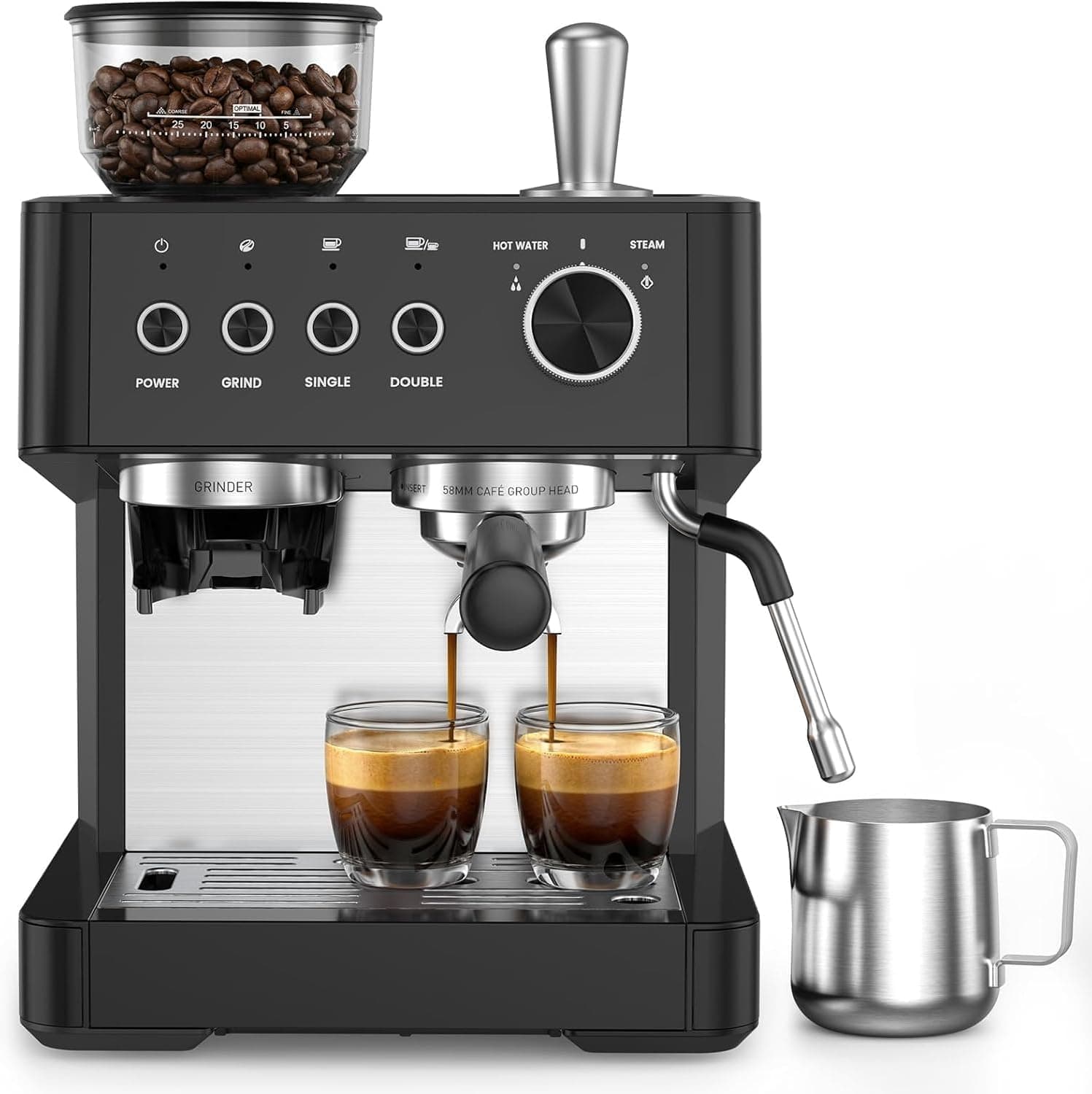 Kismile Espresso Machine with Grinder, 20-Bar Expresso Coffee Machines with Milk Frother & 77.8oz Removable Water Tank for Home, Fast Heating Compact Coffee Machine for Cappuccino & Latte