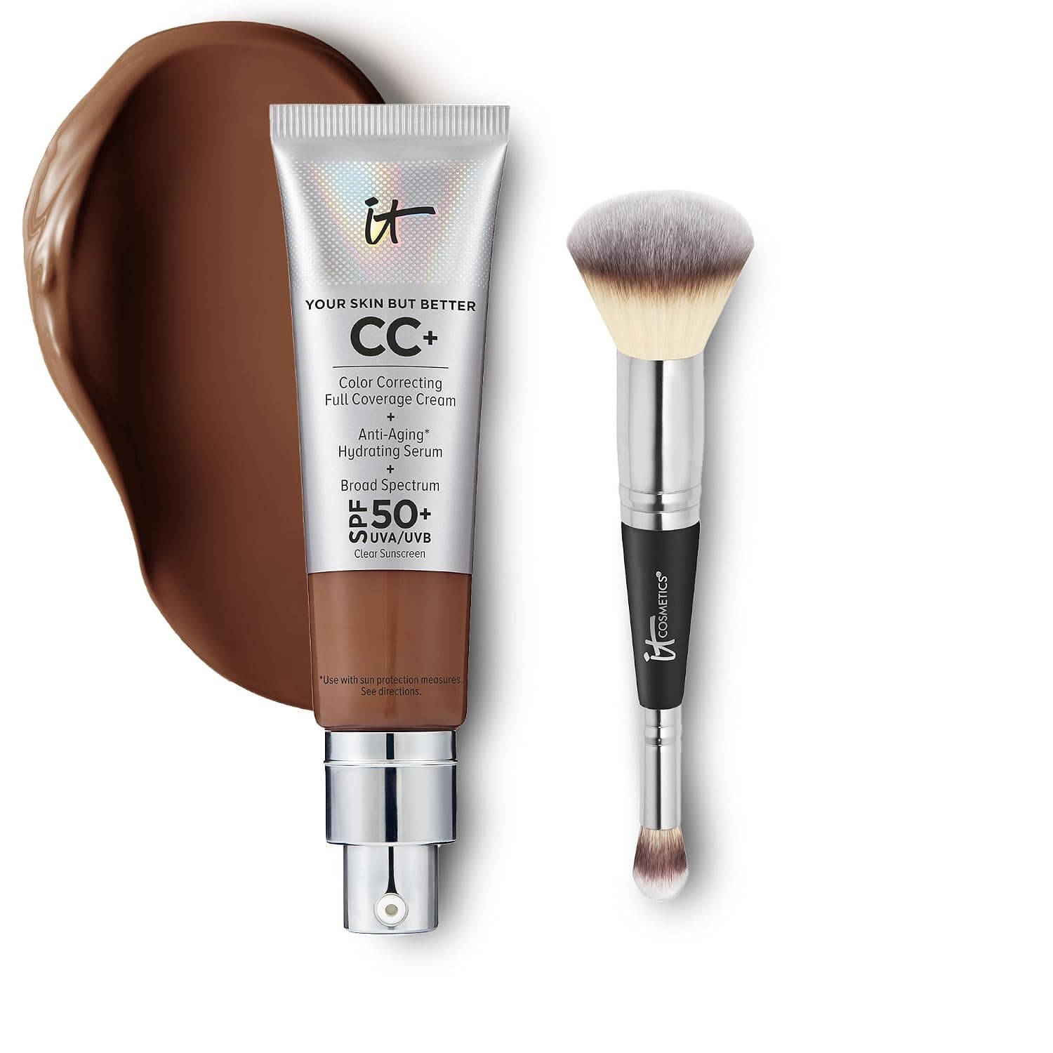 IT Cosmetics CC+ Cream with SPF 50+ Natural Finish Full Coverage Foundation (Deep Honey - 1.08 fl oz) & 2-in-1 Concealer and Foundation Brush #7 for Buffing and Blending Face Makeup
