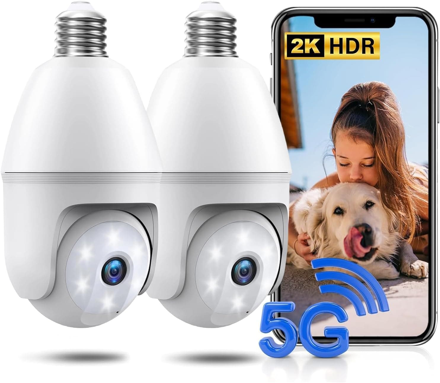 Light Bulb Security Camera 2 Packs, 5G&2.4GHz 2K Security Cameras Wireless Outdoor 360° PTZ Cameras for Home Security with Color Night Vision, 2 Way Talk, AI Human Detection, Screw in Light Socket