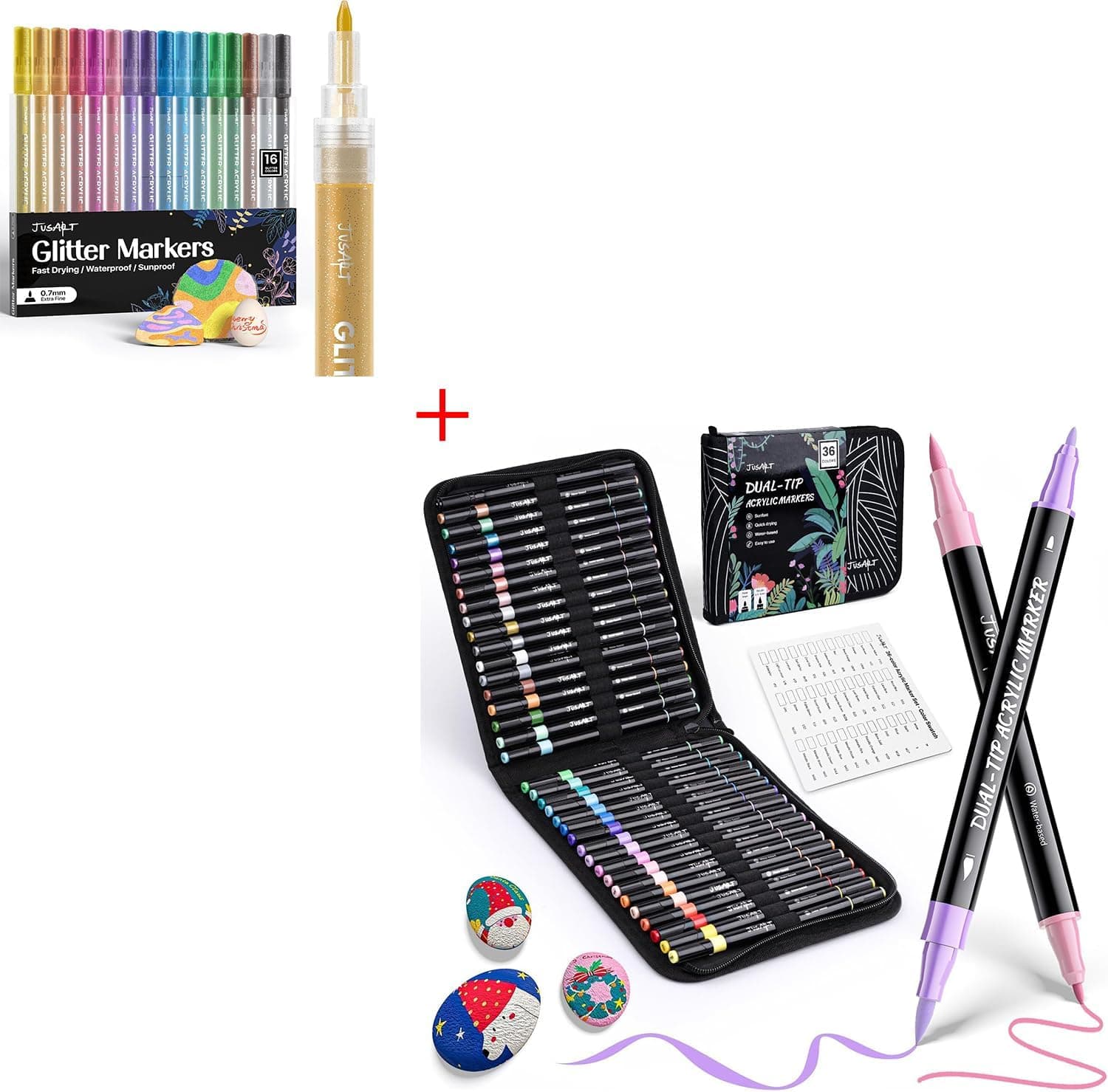 JusArt 36 Colors Acrylic Paint Markers + 16 Colors Acrylic Glitter Markers Pen