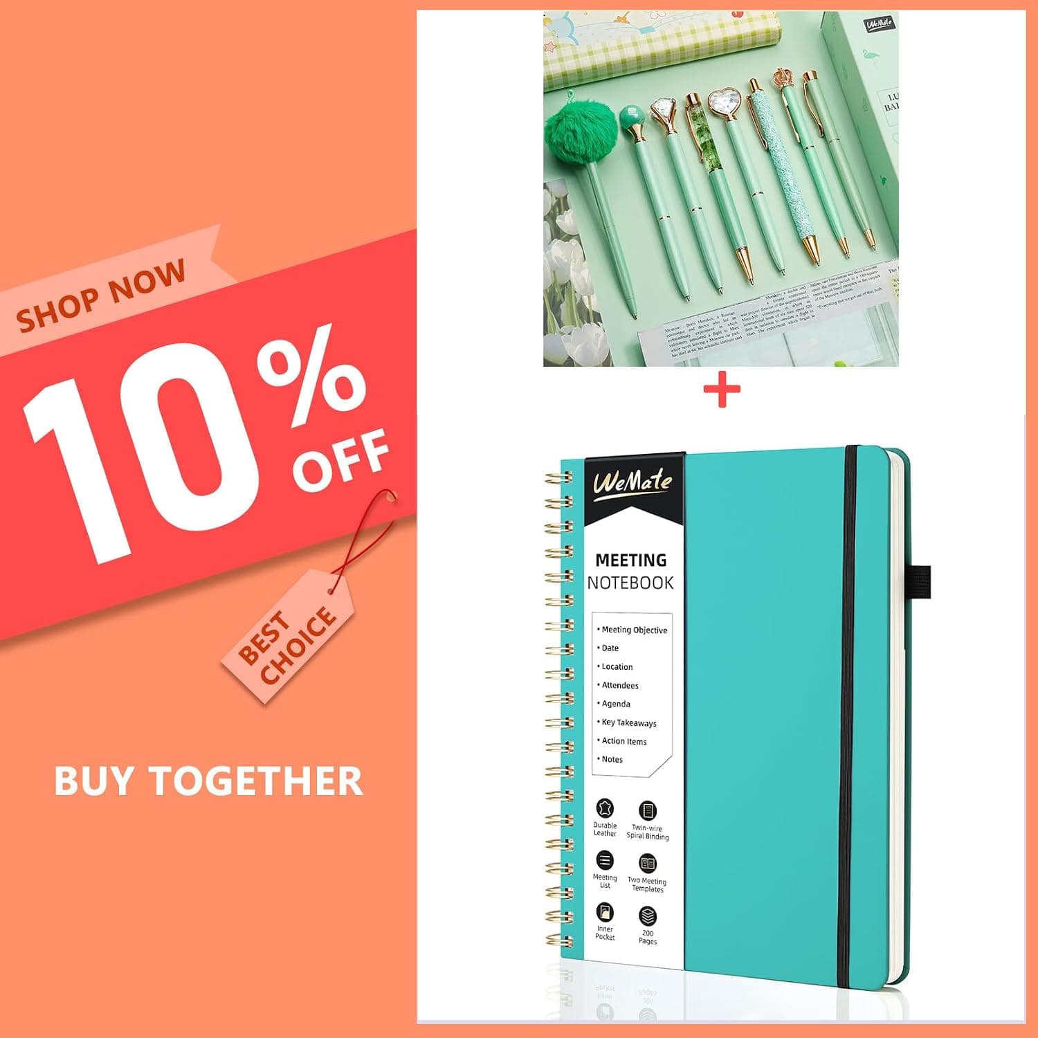 WEMATE Meeting Notebook for Work with Action Items + 8Pcs Ballpoint Pens Set