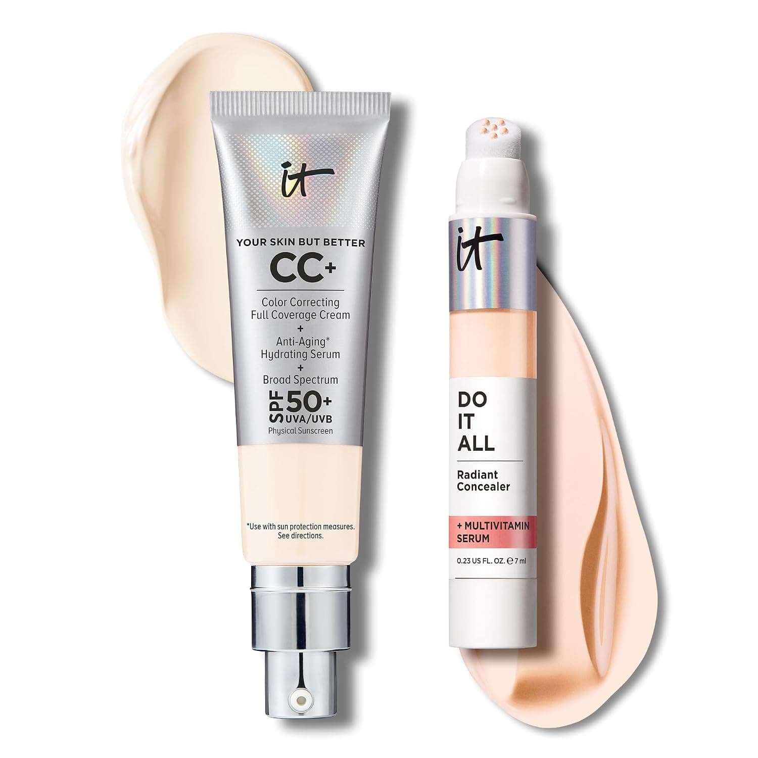 IT Cosmetics CC+ Cream with SPF 50+ Natural Finish Full Coverage Foundation (Fair Porcelain - 1.08 fl oz) & Do It All Radiant Concealer Multivitamin Serum Makeup (110 Fairest Neutral - 0.2 fl oz)