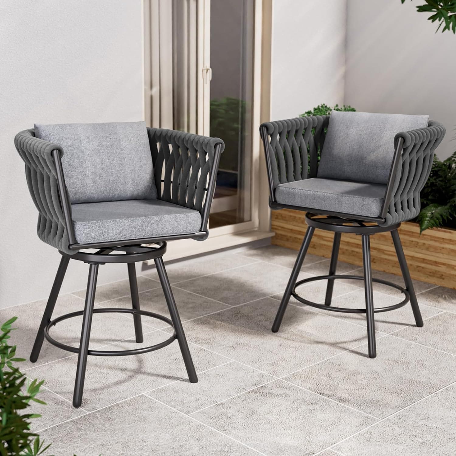 Grand patio Outdoor Swivel Bar Stools Set of 2, Bar Height Outdoor Chairs 35'' Tall Height Rope Wicker Bar Chairs, All-Weather Bistro Set for Outside, Deck, Dark Grey