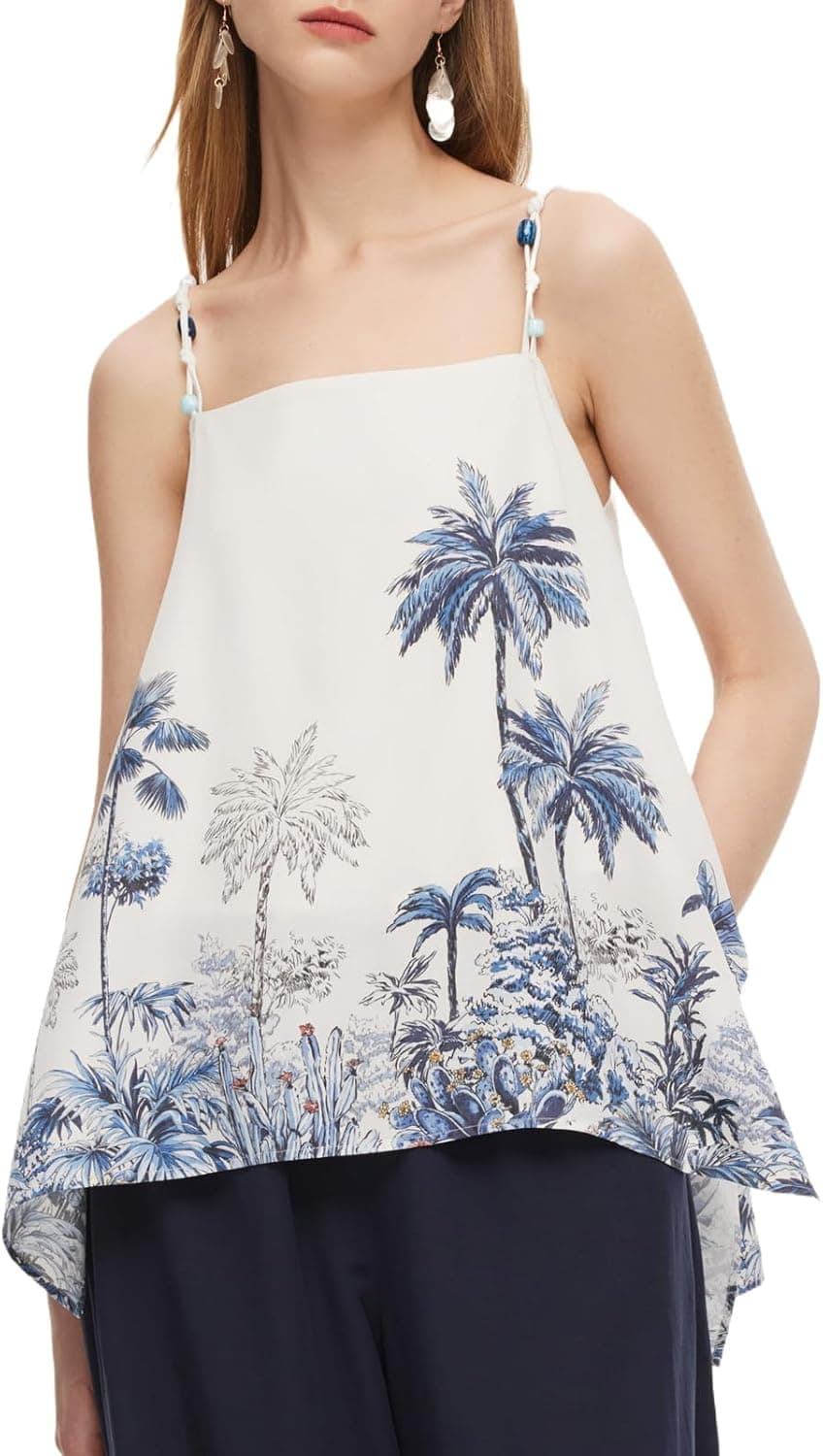 Camisole Tops for Women Tencel Linen Blend Floral Printed Adjustable Beaded Straps A Line Flowy Basic Casual Going Out Tops