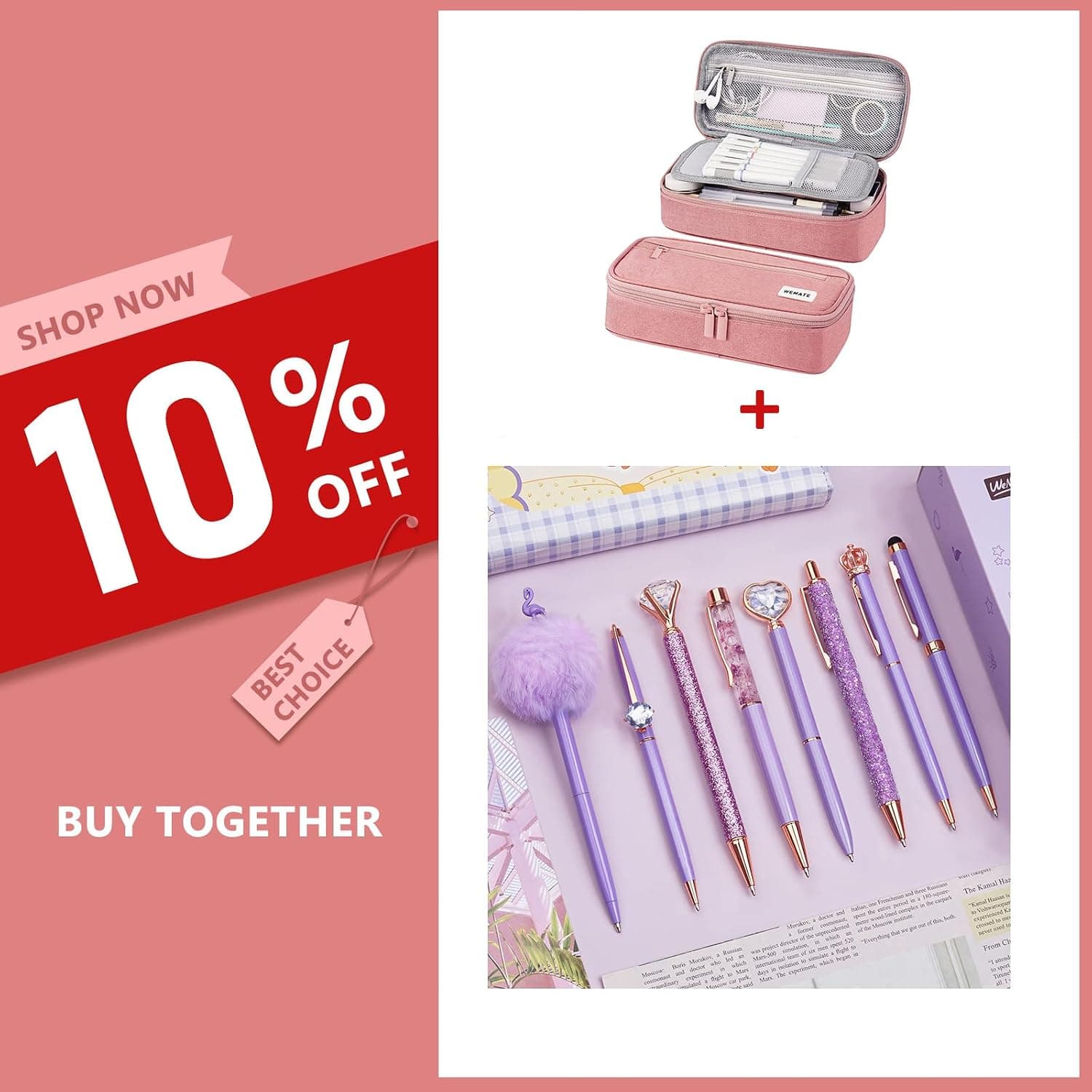WEMATE Large pencil case pink + 8pcs ballpoint pens set purple