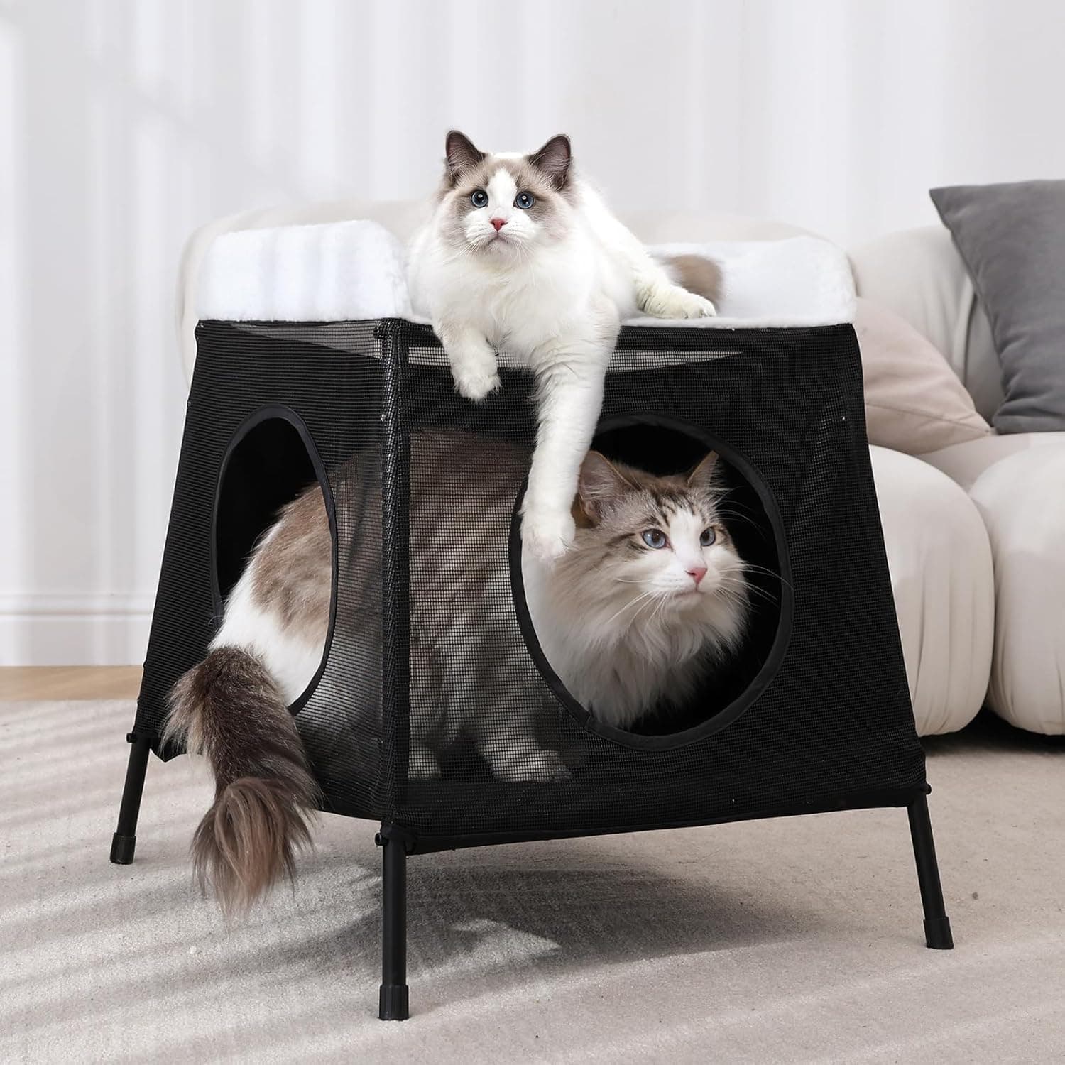 Elevated Cat Bed with Cat Hammock, 2-Story Indoor Cat House with Cave & Washable Cover, Multi-Cat Furniture