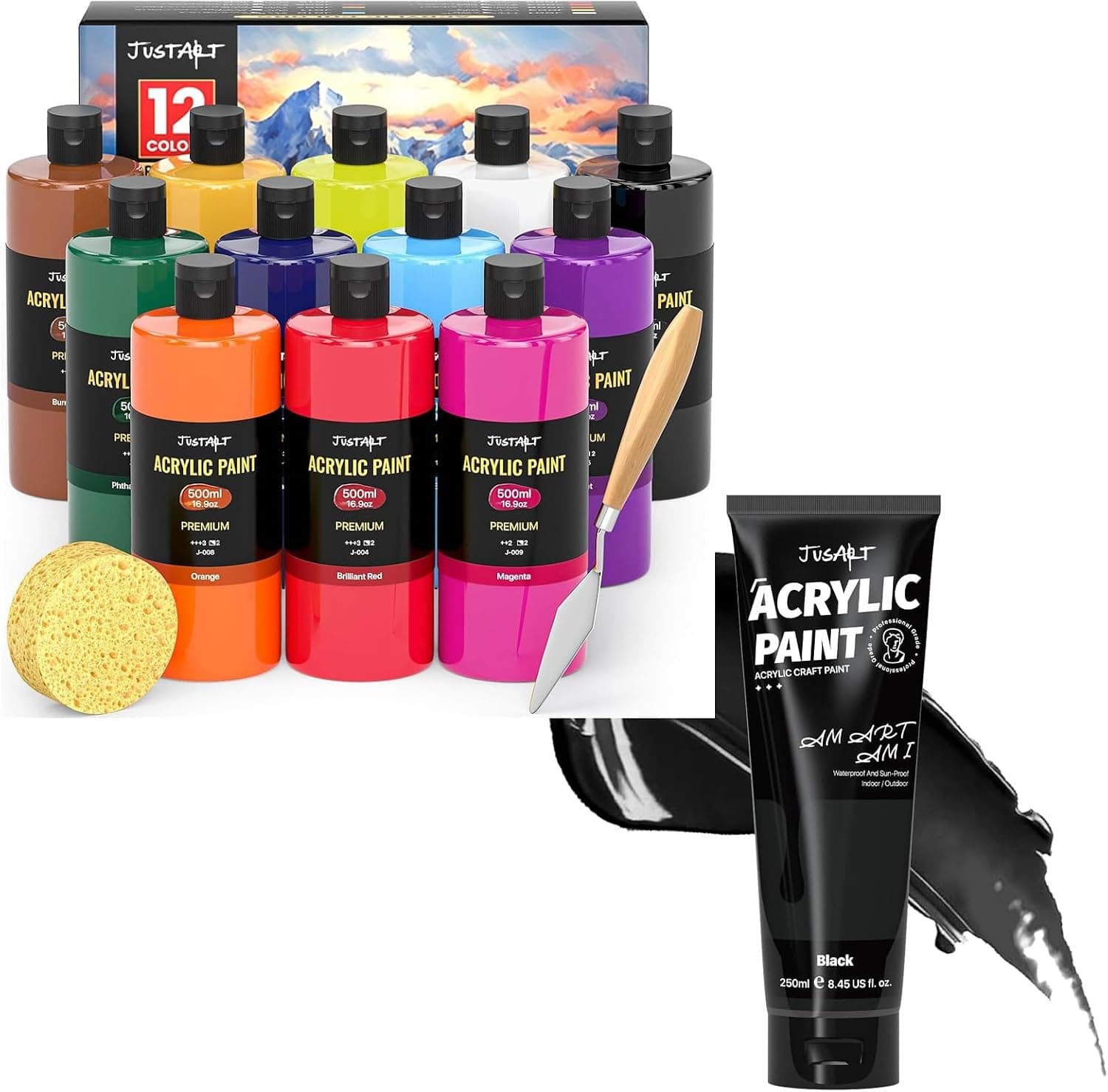 JusArt 12 Colors 16 oz (500ml) Acrylic Paint Set+ Acrylic Paint Black Tube 8.45oz (250ml)