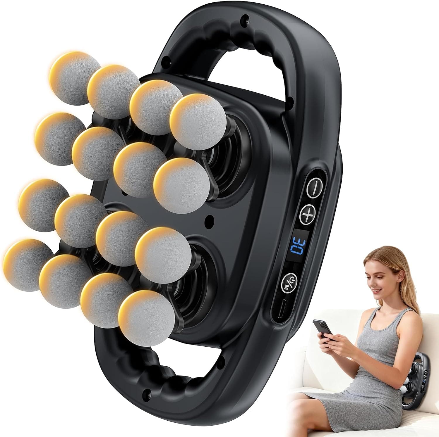 Beown 16 Head Massage Gun Deep Tissue, Back Muscle Massager with 3 Modes & 30 Intensity Levels for Legs, Waist, Back, Neck, Portable Percussion Massage Gun for Pain Relief