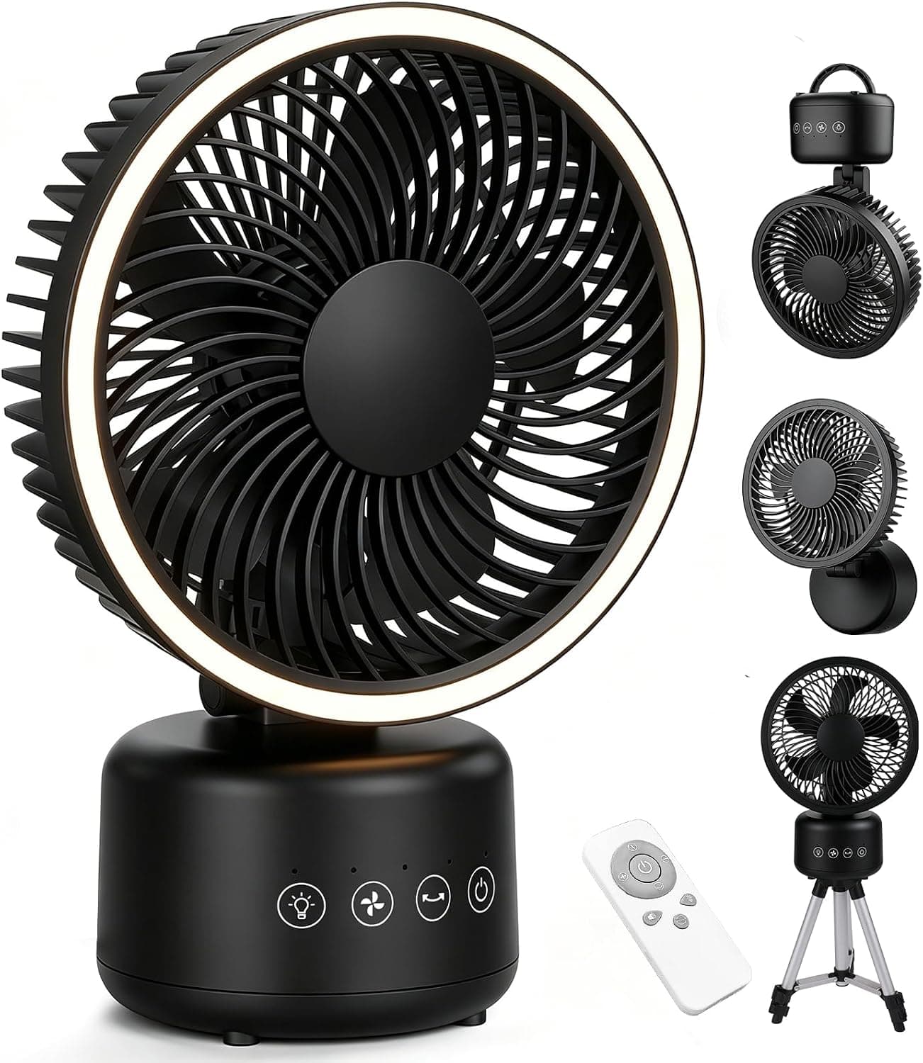 COWSAR 4-in-1 Camping Fan Rechargeable, Portable Battery Powered Fan with Light & Remote, 4-Speed, 330° Oscillation, Type-C, Table/Wall/Hang/Tripod for Indoor, Outdoor, Tent, Travel, Fishing, Black