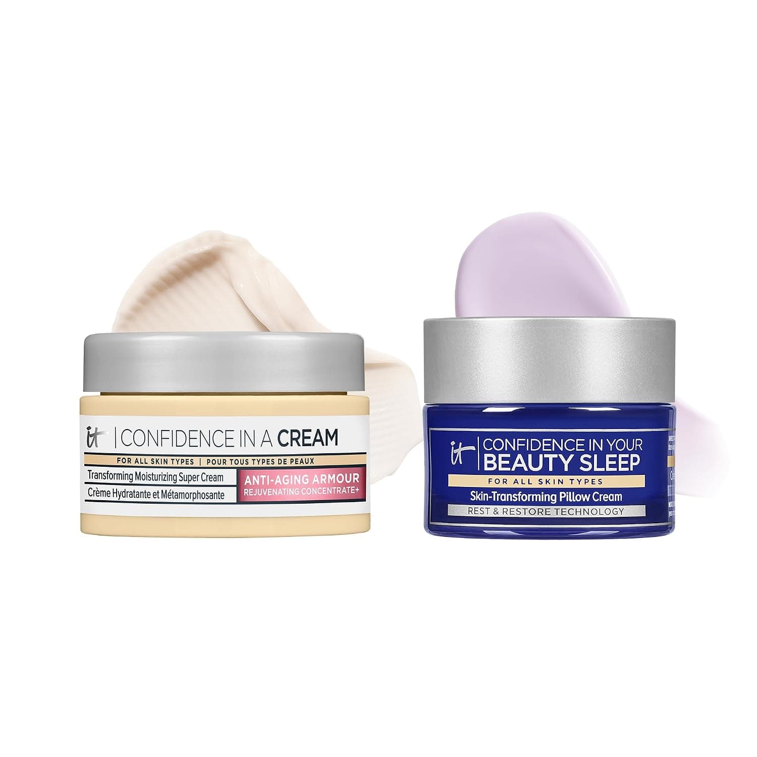 IT Cosmetics Anti-Aging Skincare Moisturizers Bundle – Hydrating Day + Night Face Creams – Includes Confidence in a Cream 0.5 Oz + Confidence in Your Beauty Sleep Night Cream 0.47 Oz – Gift