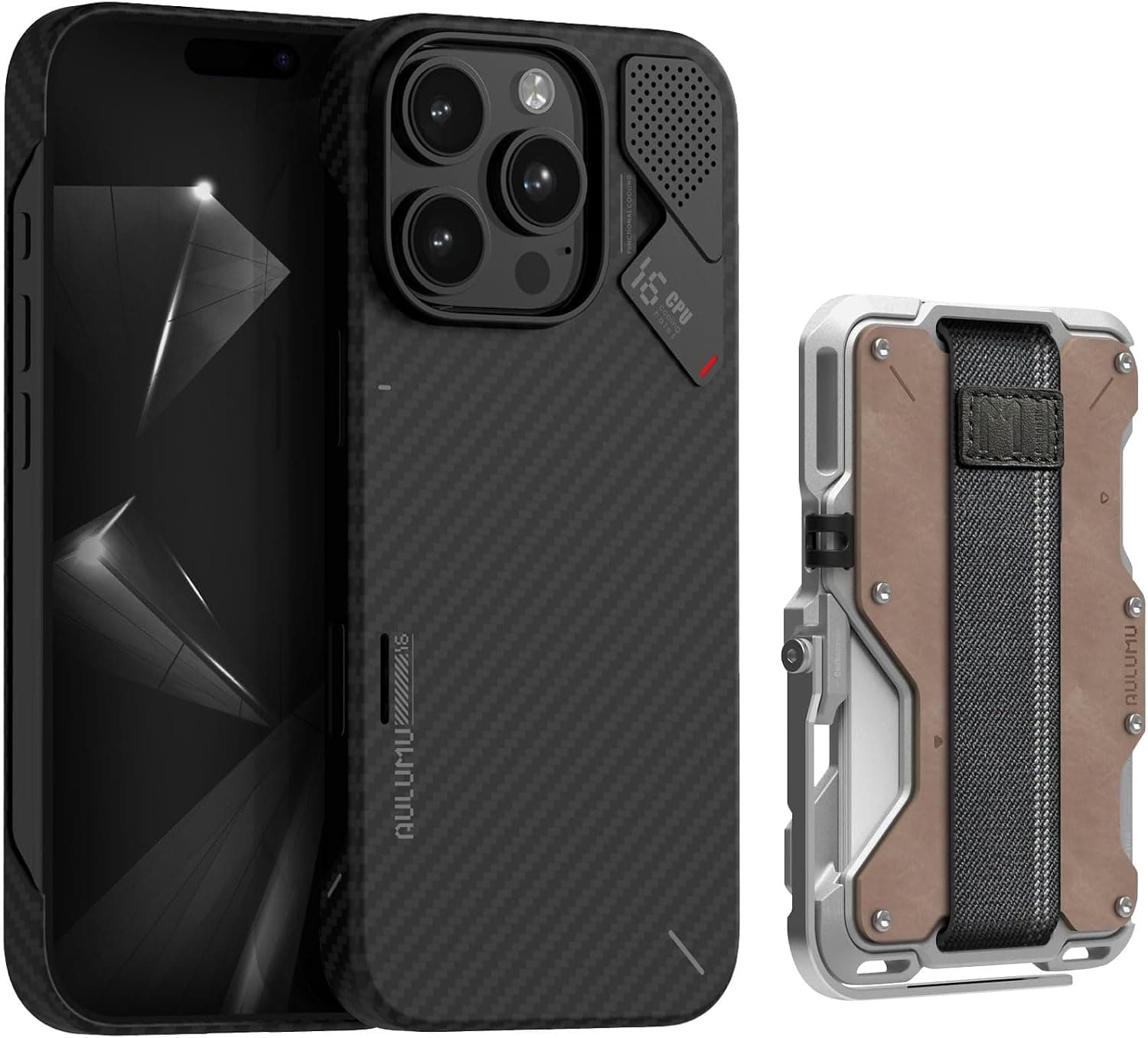 Aulumu A16 Aramid Fibre + G03 Wallet Leather Metal Card Case [Genuine Gray] for iPhone 16 Pro | Luxury Technology Kit