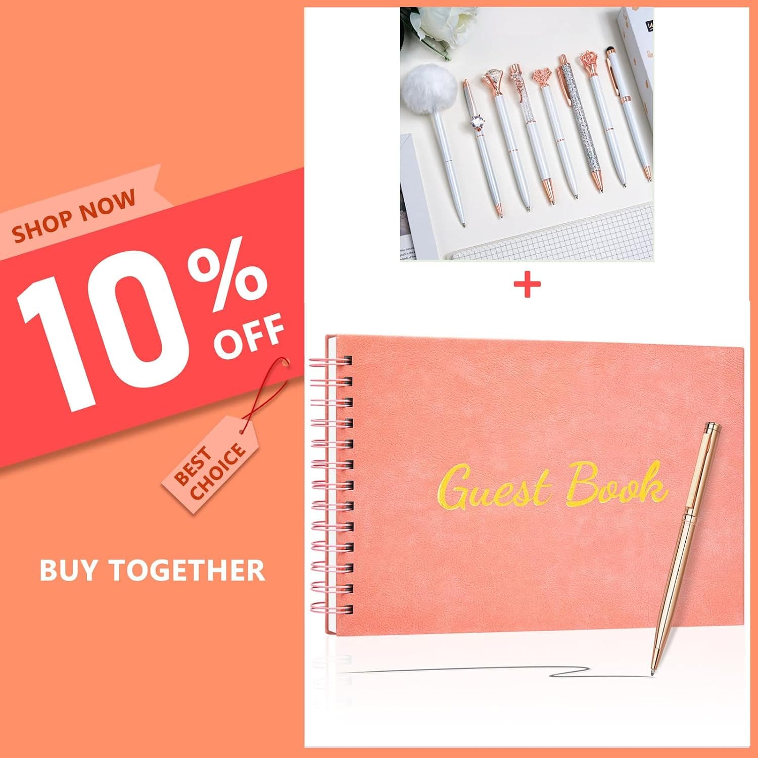 WEMATE 8PCS White Ballpoint Pens Set + Party of Anniversary,Birthday,Baby Shower, Sign-in Book with 136 Pages for Reception Pink 7" x10″