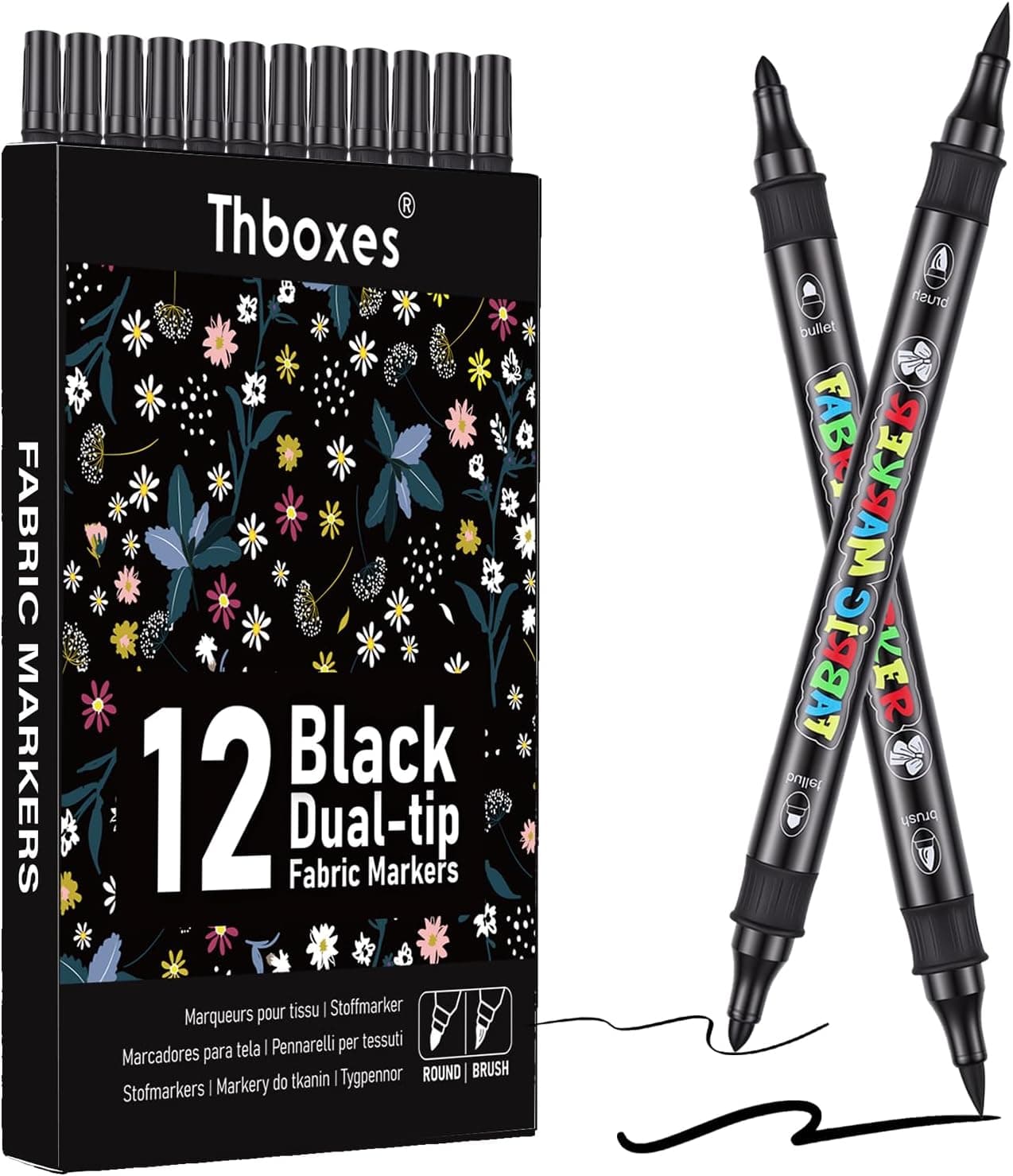 Thboxes Black Fabric Markers, 12 Pack Permanent Markers for Clothes Dual Tip Brush & Fine 1-5mm, Quick Dry Fabric Pen for T-Shirts Hats Tote Bags Canvas Shoes Sneakers