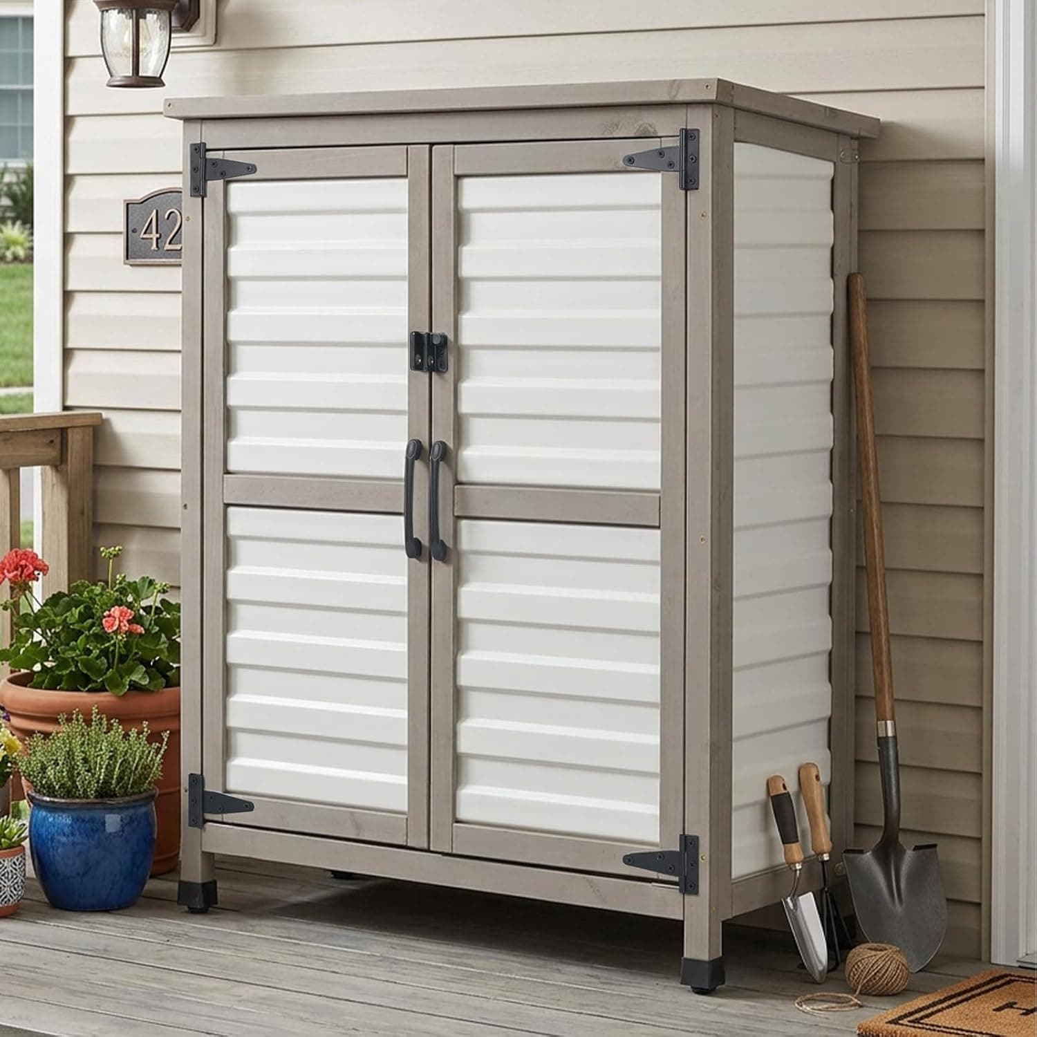 PetsCosset Weatherproof Outdoor Storage Cabinet with Lockable Doors, Wooden & Plastic Garden Patio Storage Box with Adjustable Shelves for Tools, Toys, Pool Accessories, Lawn Equipment