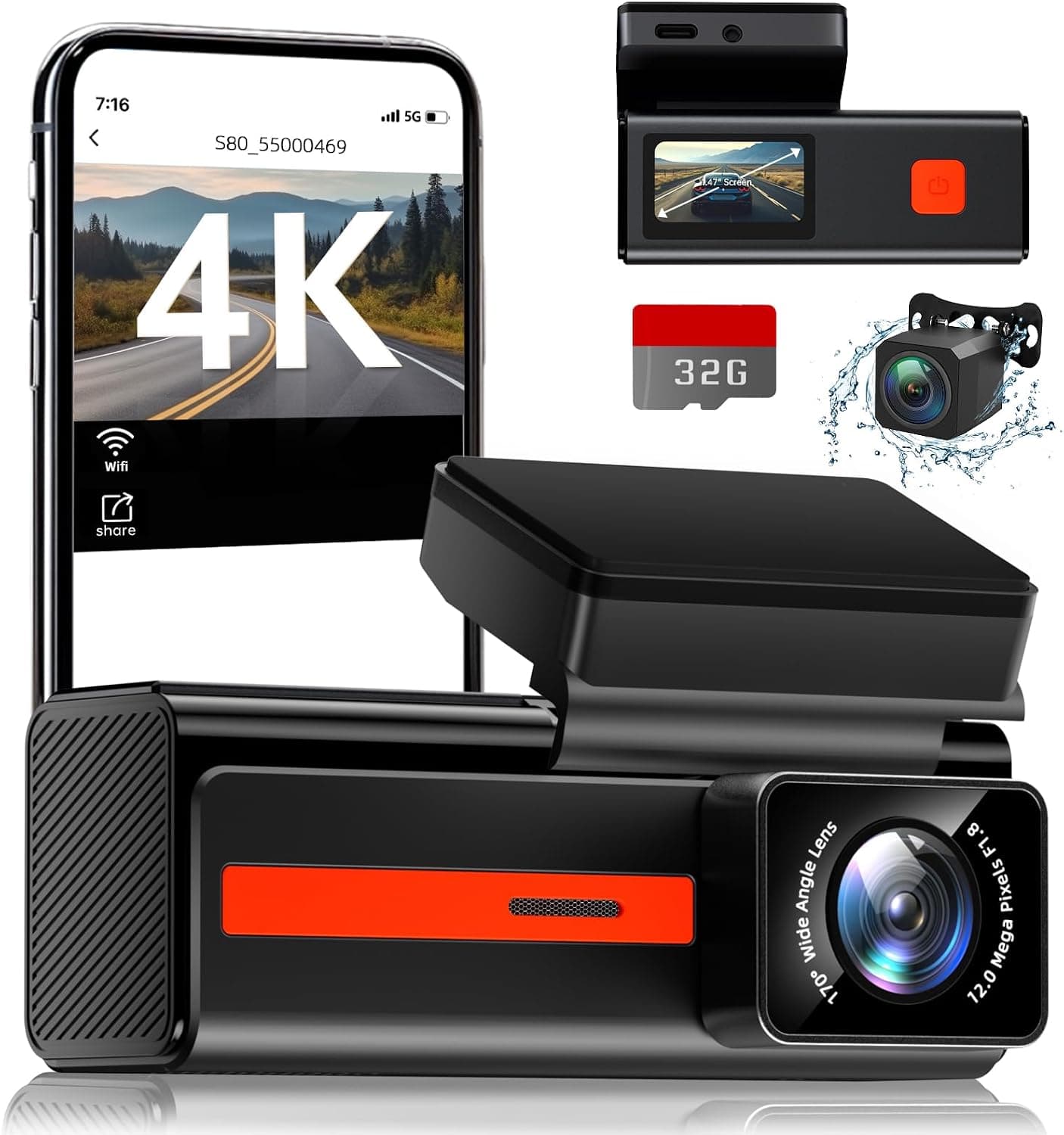 Dash Cam Front and Rear, Veement S80 4k+1080P Dual Dash Camera for Cars, WiFi Mini Car Camera,1.47” Display Dashcam,170°Wide, Night Vision,24H Parking Mode, G-Sensor,Loop Recording, Free 32G Card