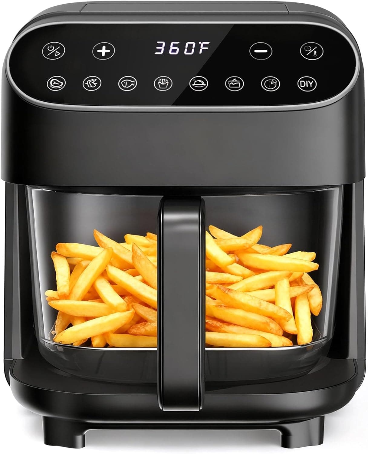 Electactic 5 QT Glass Air Fryer, PFAS Free & Dishwasher Safe Basket, 360° Clear View Window, 8 Preset Touchscreen, Fast Healthy Cooking, Black