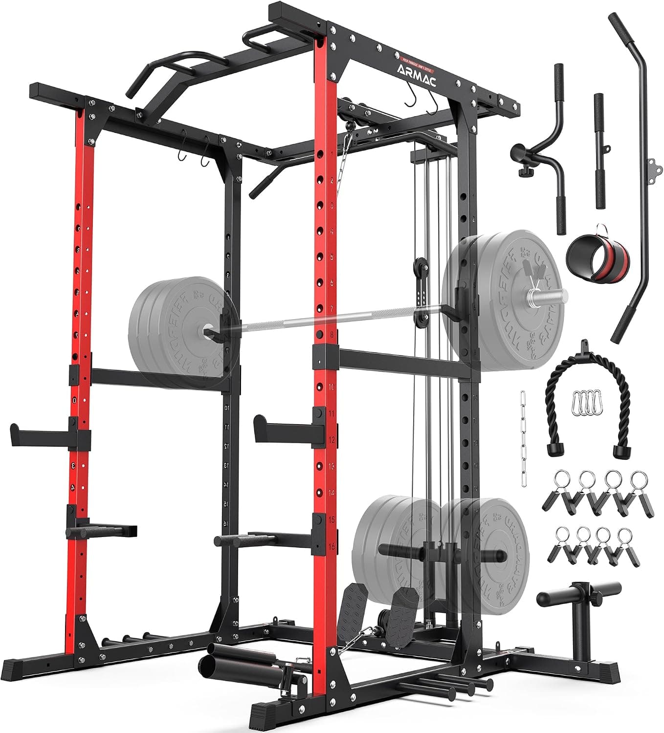 Sportsroyals Power Cage, Multi-Functional Squat Rack, Power Rack with Pulley System & LAT Pull Down, Workout Cage with J Hooks for Home Gym