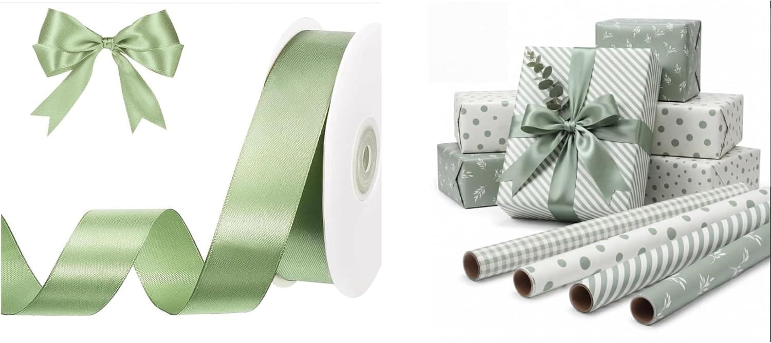 woric 1 Inch 50 Yards Green Ribbon with 4 Rolls Sage Green Wrapping Paper for Wedding Mothers Day Crafts Gift Wrapping Baby Shower Spring Decor