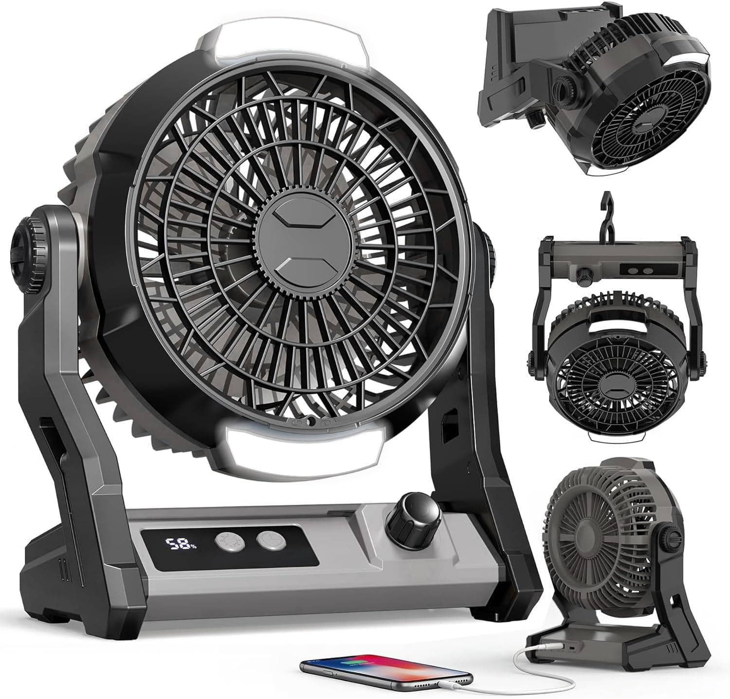Antarctic Star Portable Fan Rechargeable,Camping Fan with 2-Level LED Lantern & Hook, Quiet USB Desk Fan with 4 Timer Settings for Camping, Tent, Travel, Outdoor Essentials, Grey